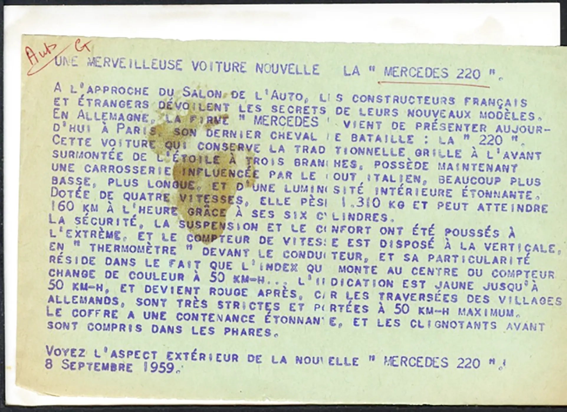 Mercedes 220 Salone Auto Parigi 1959 Ft 36552 - Stampa 18x13 cm - Farabola Stampa ai sali d'argento