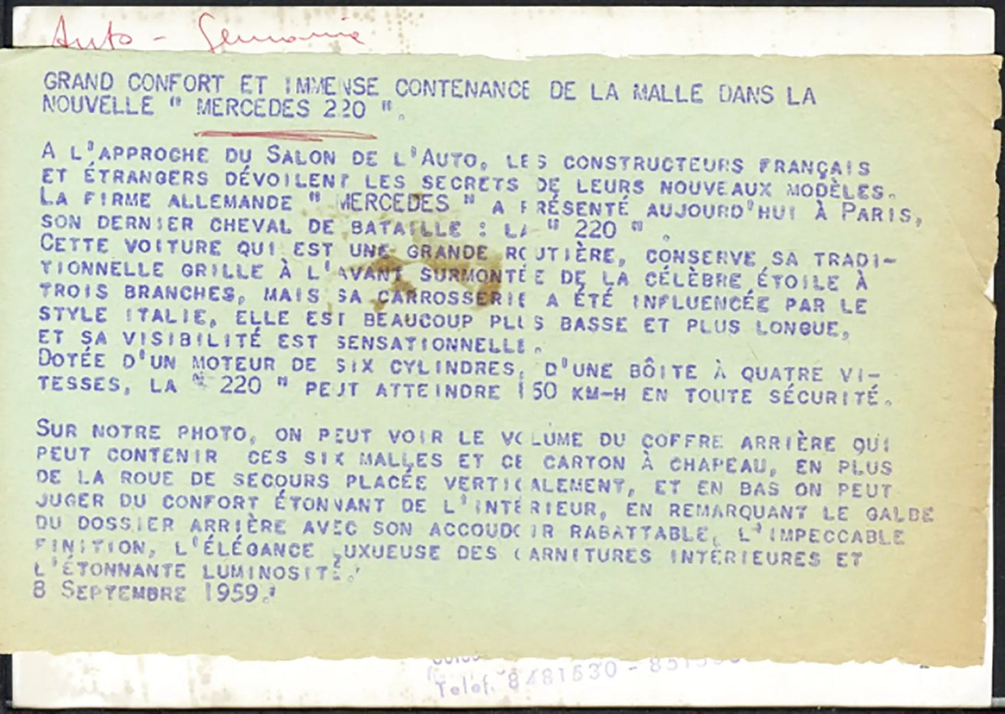 Mercedes 220 Salone Auto Parigi 1959 Ft 36554 - Stampa 18x13 cm - Farabola Stampa ai sali d'argento