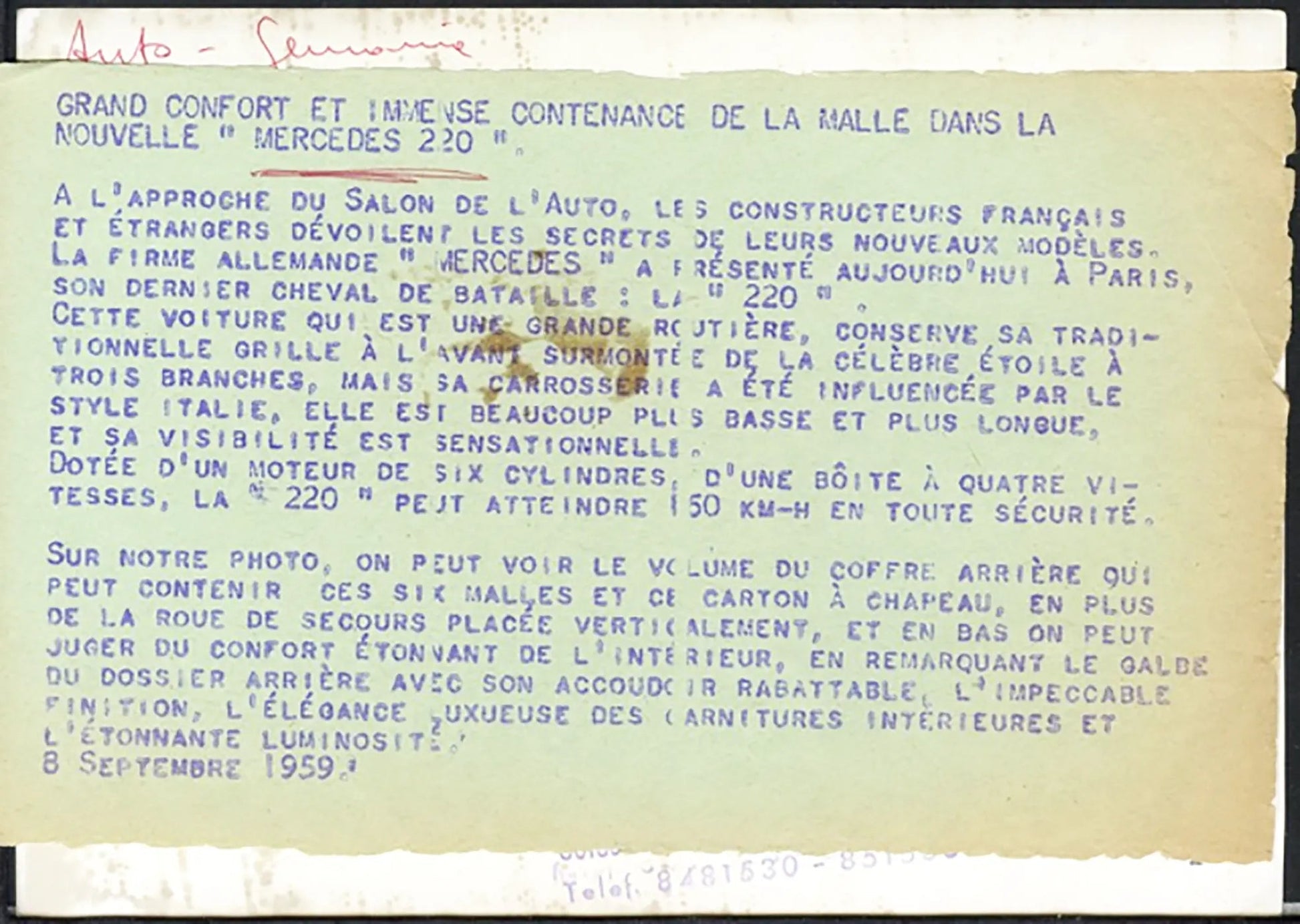 Mercedes 220 Salone Auto Parigi 1959 Ft 36554 - Stampa 18x13 cm - Farabola Stampa ai sali d'argento