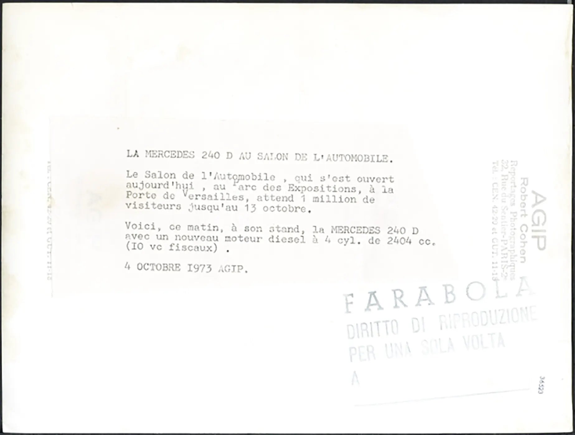 Mercedes 240 D Salone Auto Parigi 1973 Ft 36523 - Stampa 24x18 cm - Farabola Stampa ai sali d'argento