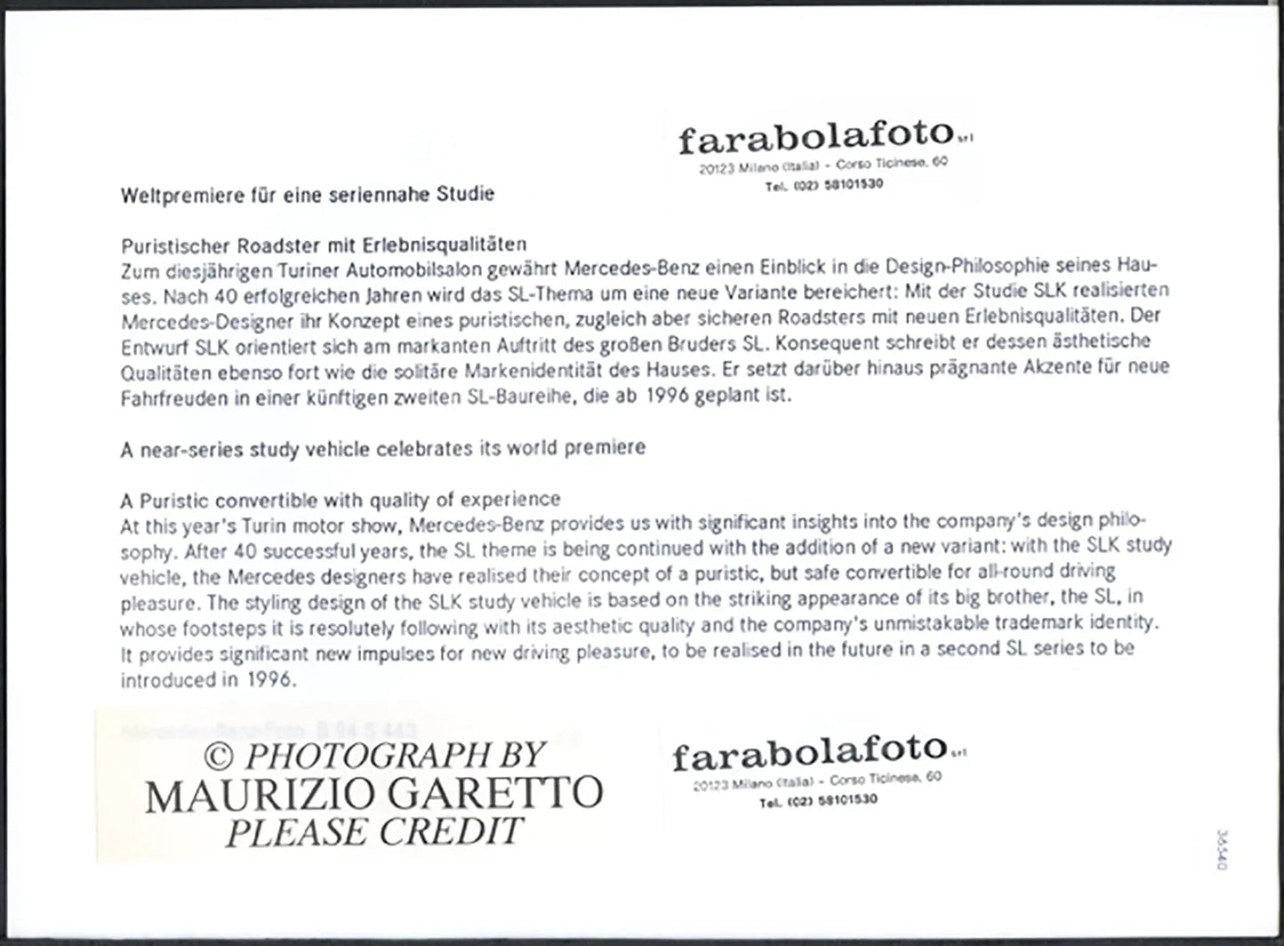 Mercedes SLK Salone Auto Torino 1994 Ft 36540 - Stampa 24x18 cm - Farabola Stampa ai sali d'argento