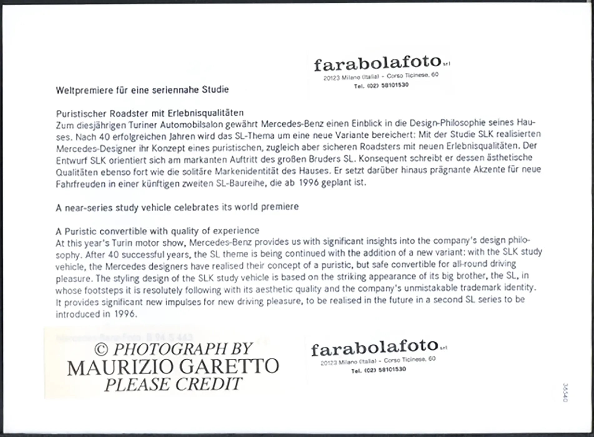 Mercedes SLK Salone Auto Torino 1994 Ft 36540 - Stampa 24x18 cm - Farabola Stampa ai sali d'argento