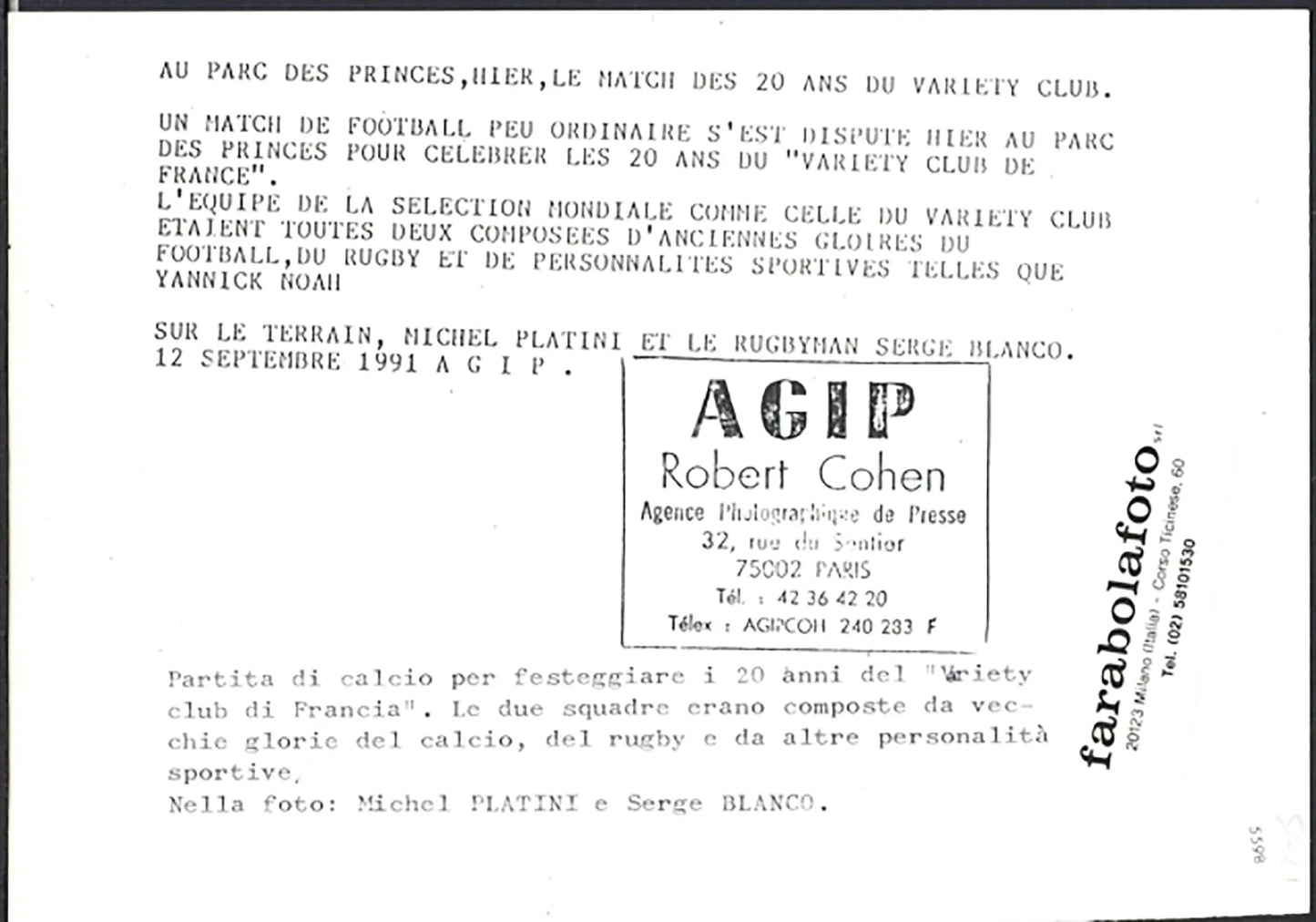 Michel Platini e Serge Blanco 1991 Ft 5598 - Stampa 18x13 cm - Farabola Stampa ai sali d'argento