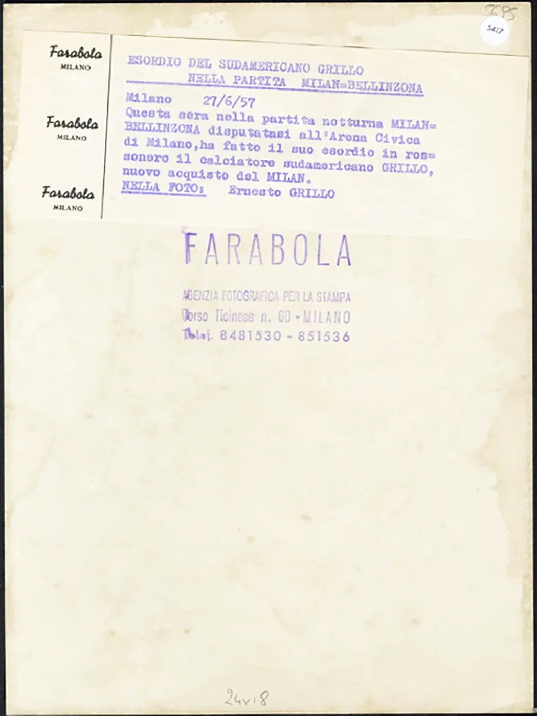 Milan Esordio di Ernesto Grillo 1957 Ft 5417 - Stampa 24x18 cm - Farabola Stampa ai sali d'argento