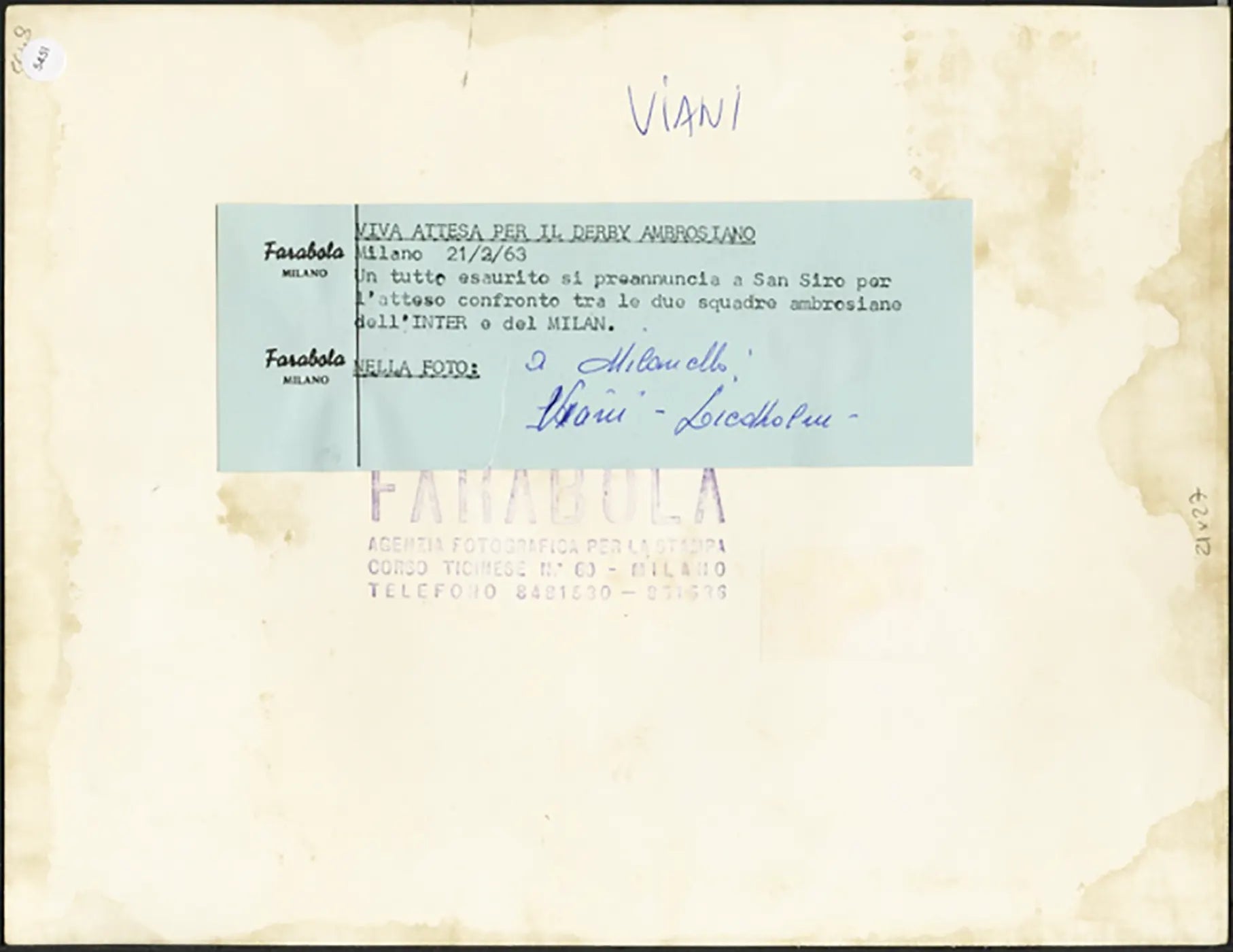 Milan Viani e Liedholm a Milanello 1963 Ft 5451 - Stampa 21x27 cm - Farabola Stampa ai sali d'argento