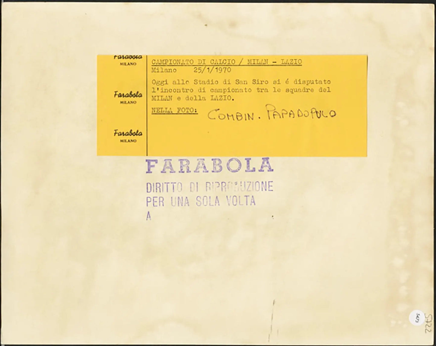 Milan vs Lazio Combin Papadopulo 1970 Ft 5473 - Stampa 21x27 cm - Farabola Stampa ai sali d'argento
