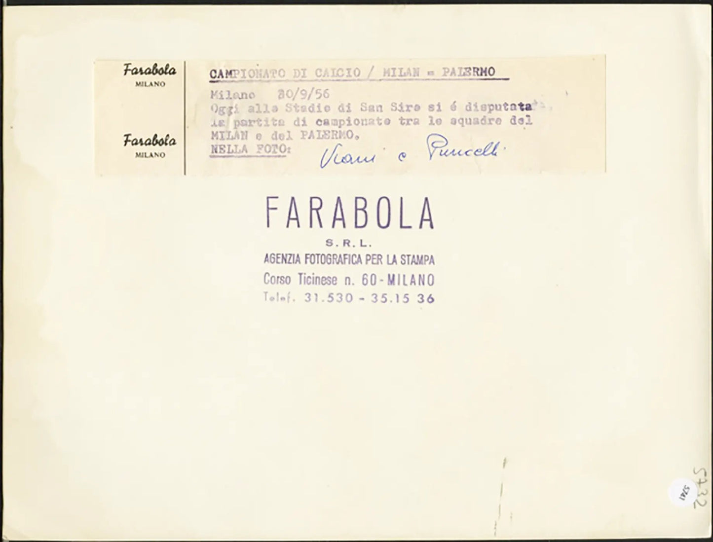 Milan vs Palermo Viani e Puricelli 1956 Ft 5741 - Stampa 24x18 cm - Farabola Stampa ai sali d'argento