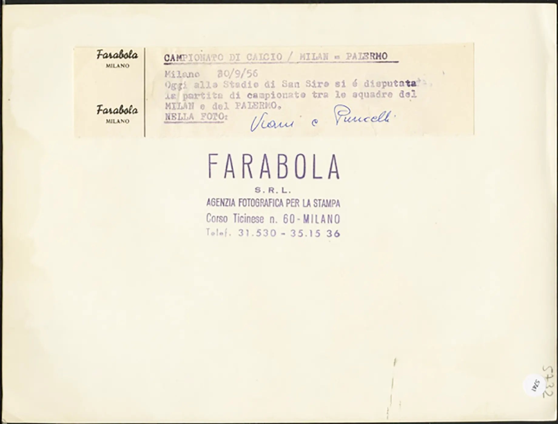 Milan vs Palermo Viani e Puricelli 1956 Ft 5741 - Stampa 24x18 cm - Farabola Stampa ai sali d'argento
