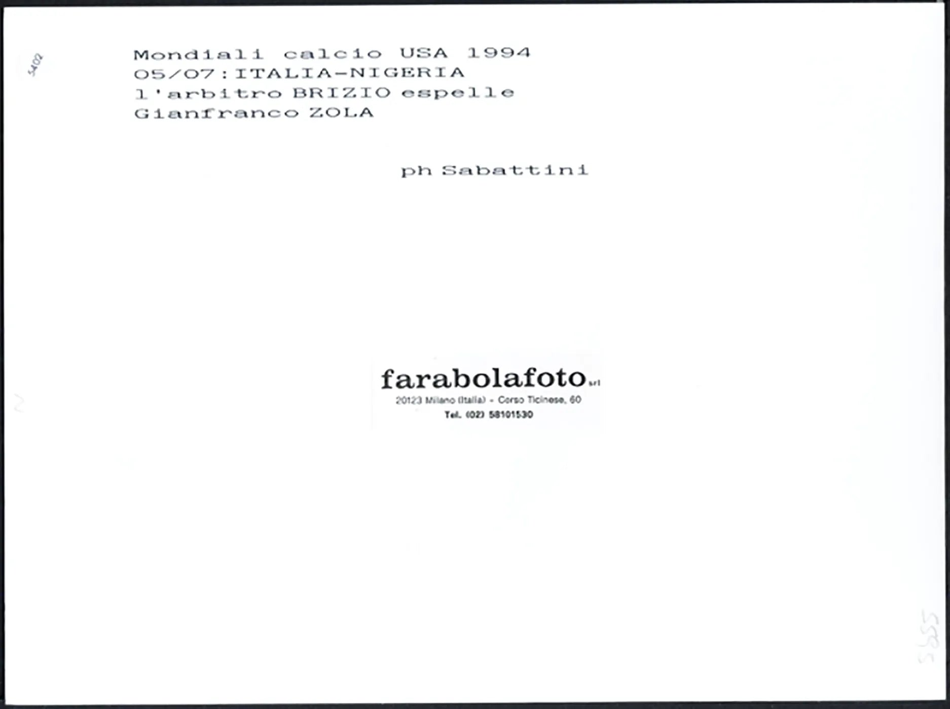 Mondiali 1994 Italia vs Nigeria Zola Ft 5402 - Stampa 24x18 cm - Farabola Stampa ai sali d'argento