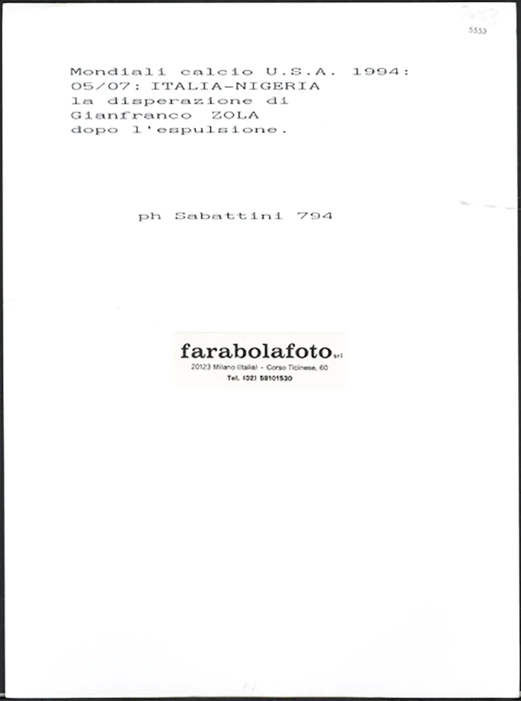 Mondiali Usa 1994 Gianfranco Zola Ft 5553 - Stampa 24x18 cm - Farabola Stampa ai sali d'argento
