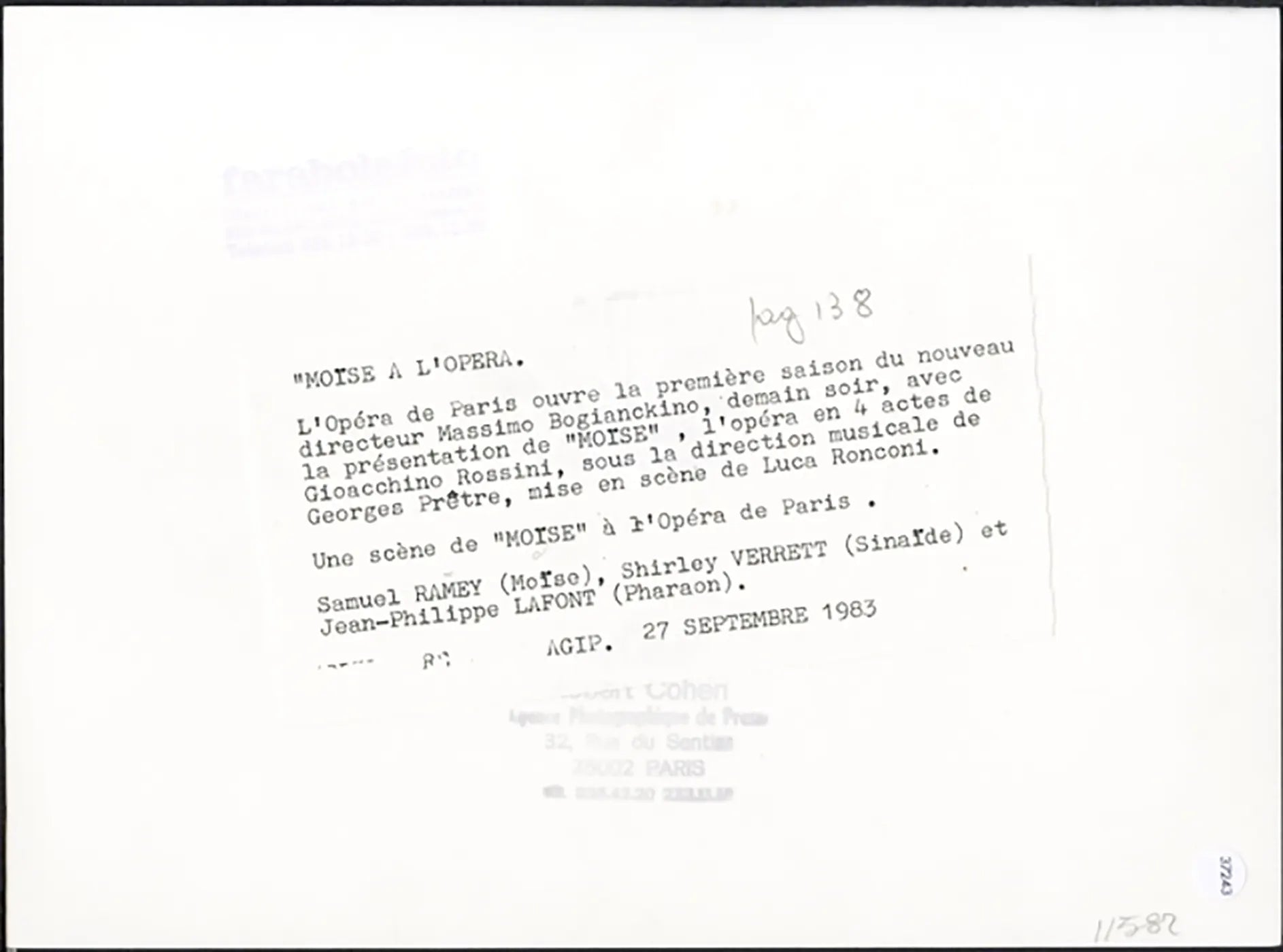 Mosè in Egitto Opera di Parigi 1983 Ft 37243 - Stampa 24x18 cm - Farabola Stampa ai sali d'argento