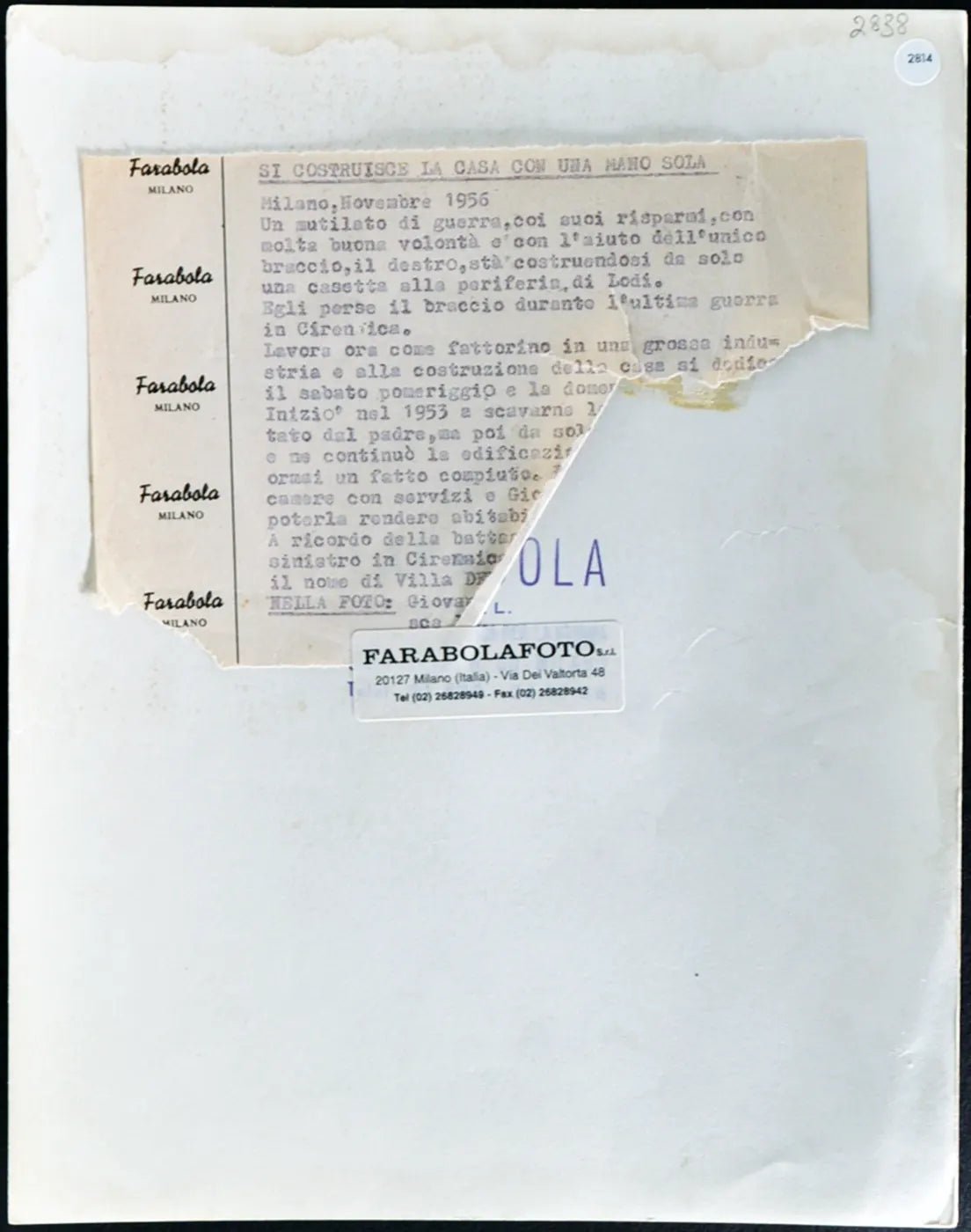 Mutilato di guerra muratore 1956 Ft 2814 - Stampa 21x27 cm - Farabola Stampa ai sali d'argento