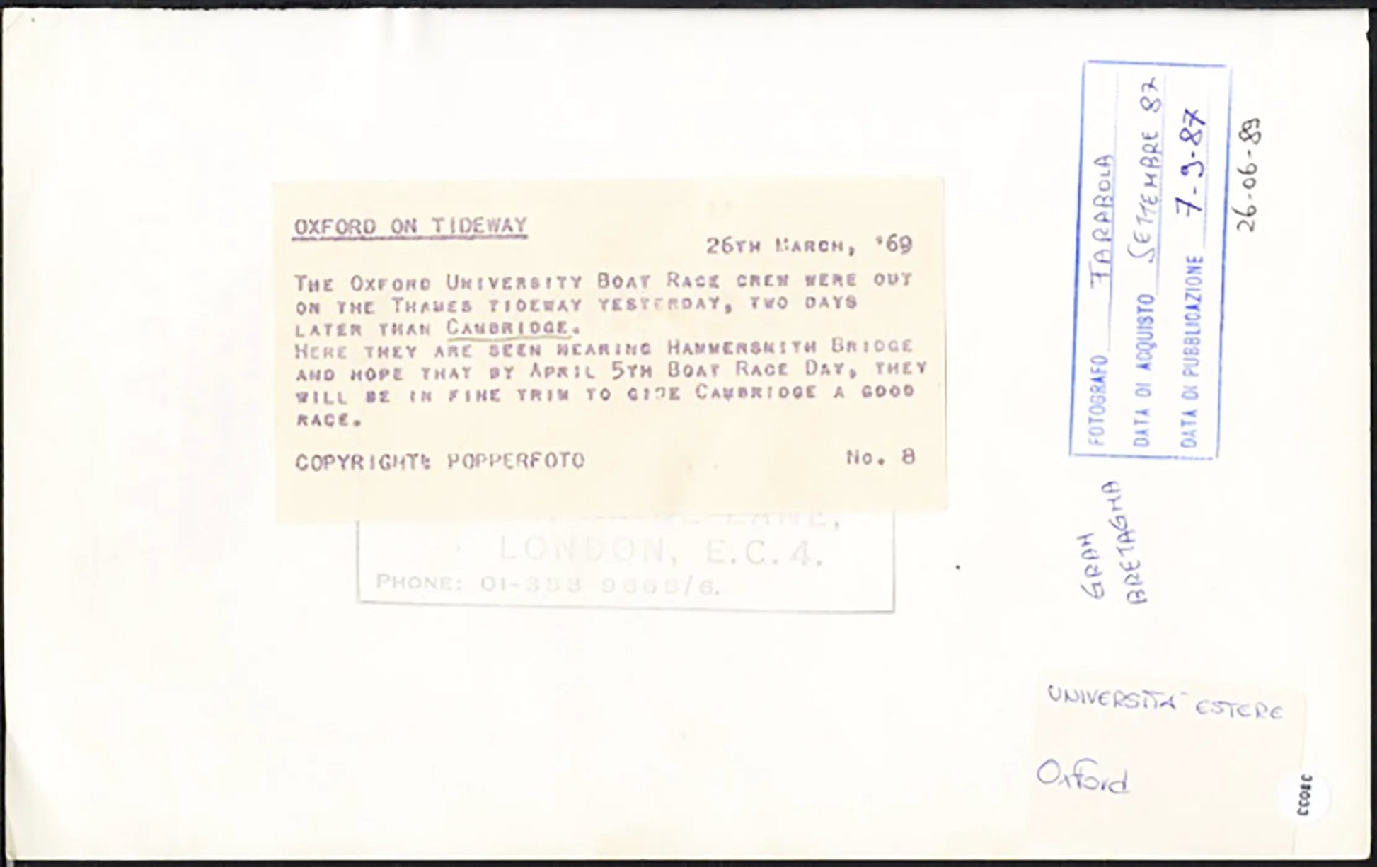 Oxford University Boat Race sul Tamigi Londra 1969 Ft 38033 - Stampa 26x17 cm - Farabola Stampa ai sali d'argento