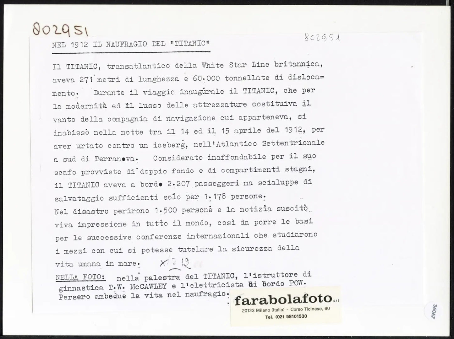 Palestra del Titanic 1912 Ft 36067 - Stampa 24x18 cm - Farabola Stampa ai sali d'argento (anni 90)