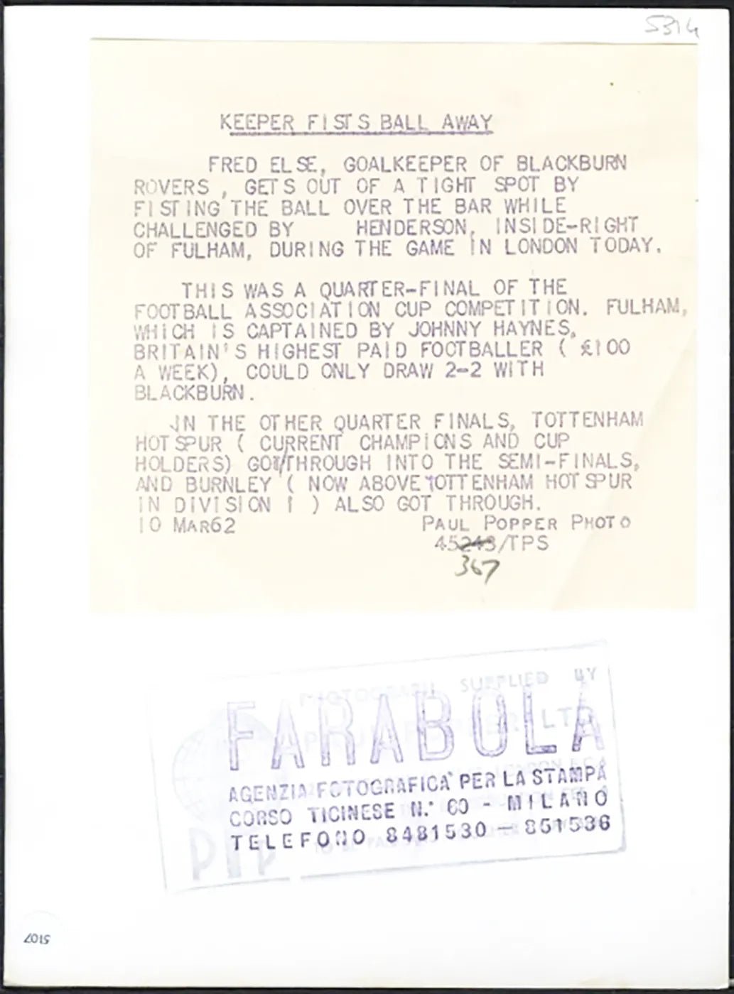 Parata di Fred Else FA Cup 1962 Ft 5107 - Stampa 20x15 cm - Farabola Stampa ai sali d'argento