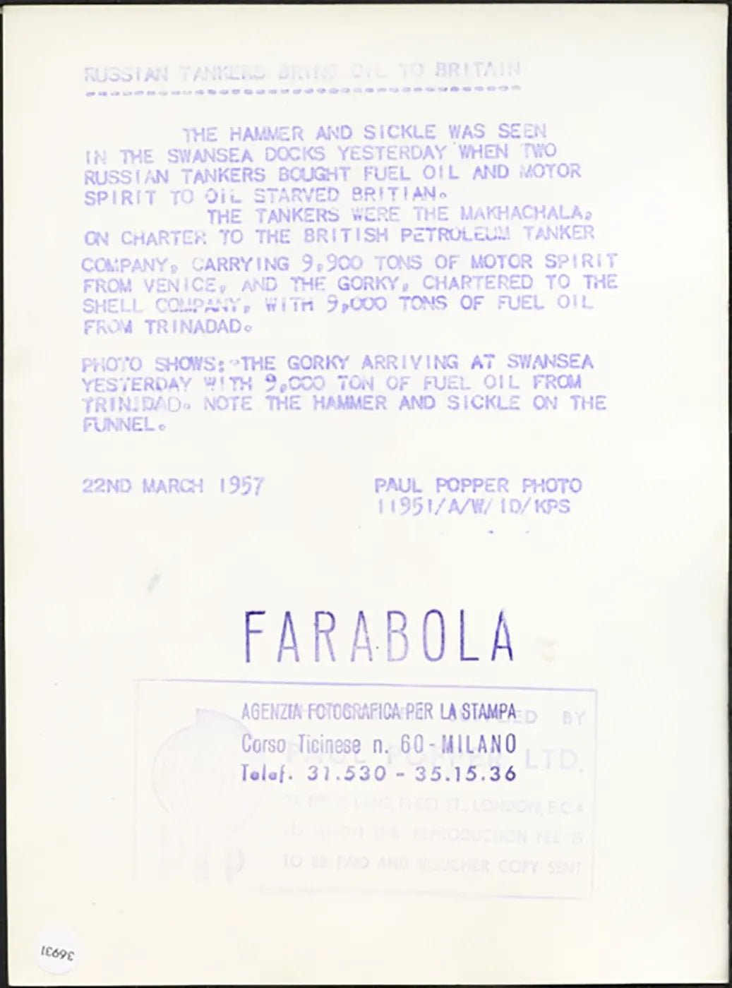 Petroliera russa Gorky 1957 Ft 36931 - Stampa 20x15 cm - Farabola Stampa ai sali d'argento