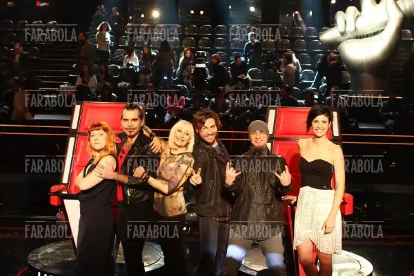 Piero Pelù, Raffaella Carrà, J - Ax e Noemi, conferenza stampa The Voice of Italy, 2014 - Farabola Immagine digitale