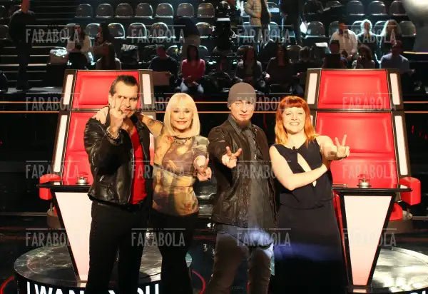 Piero Pelù, Raffaella Carrà, J - Ax e Noemi, conferenza stampa The Voice of Italy, 2014 - Farabola Immagine digitale