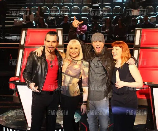 Piero Pelù, Raffaella Carrà, J - Ax e Noemi, conferenza stampa The Voice of Italy, 2014 - Farabola Immagine digitale