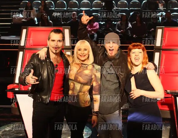 Piero Pelù, Raffaella Carrà, J - Ax e Noemi, conferenza stampa The Voice of Italy, 2014 - Farabola Immagine digitale