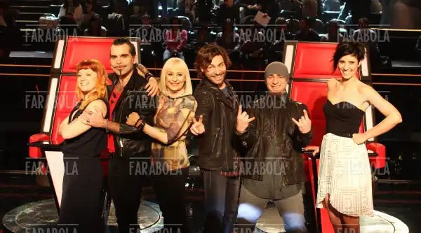 Piero Pelù, Raffaella Carrà, J - Ax e Noemi, conferenza stampa The Voice of Italy, 2014 - Farabola Immagine digitale