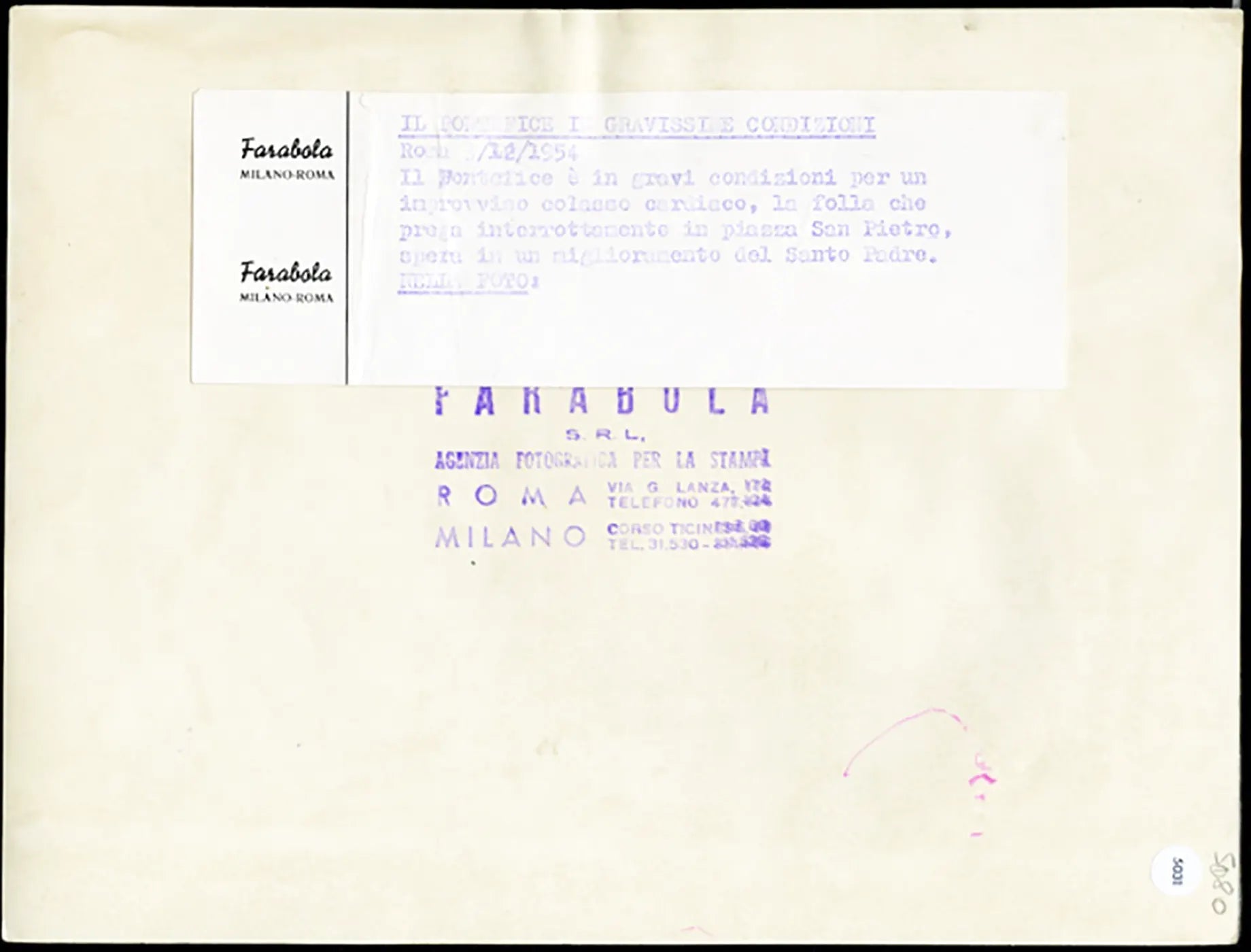 Preghiere per Pio XII in ospedale 1954 Ft 5031 - Stampa 24x18 cm - Farabola Stampa ai sali d'argento