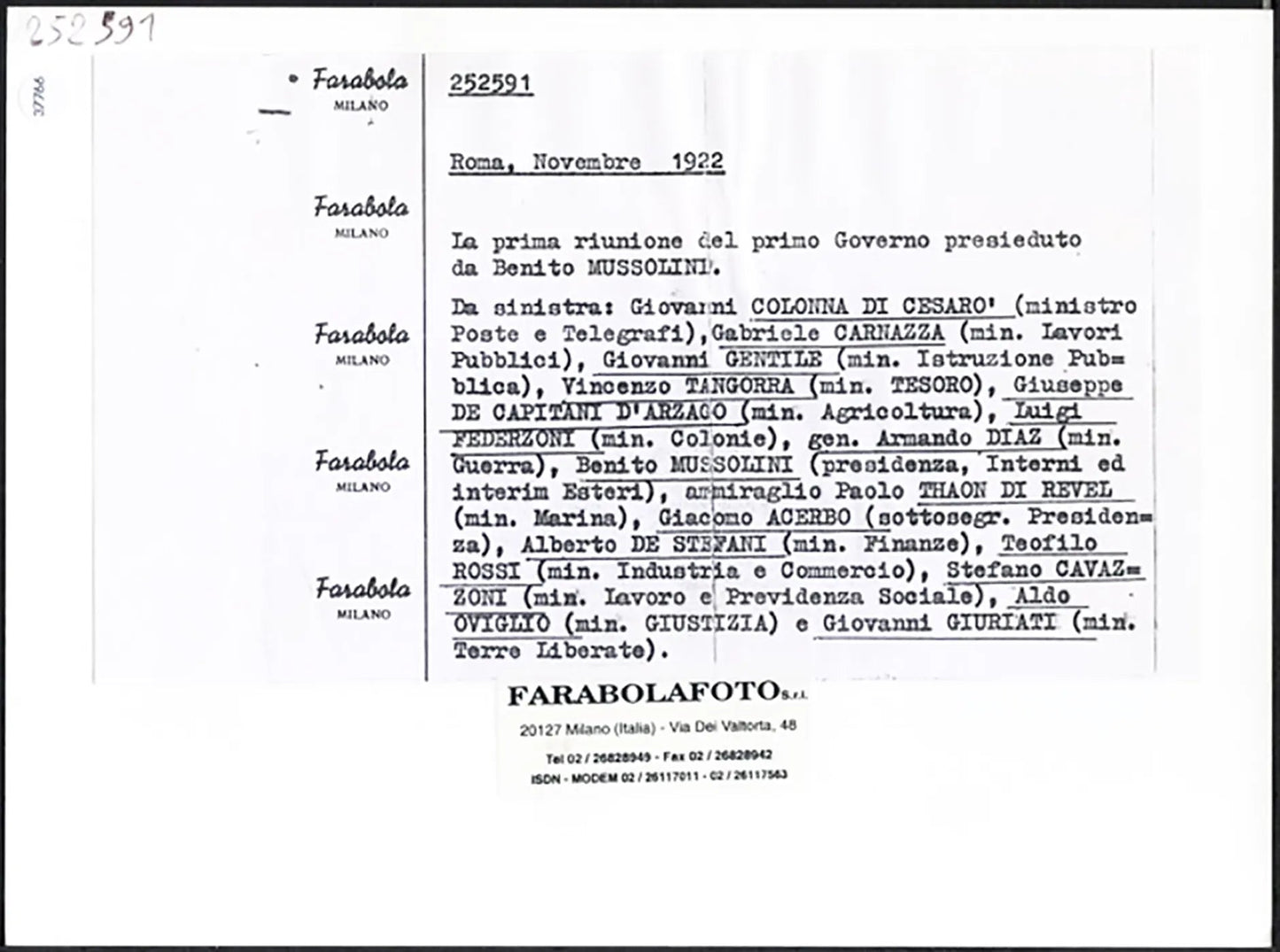 Primo Governo Mussolini 1922 Ft 37766 - Stampa 24x18 cm - Farabola Stampa ai sali d'argento (anni 90)