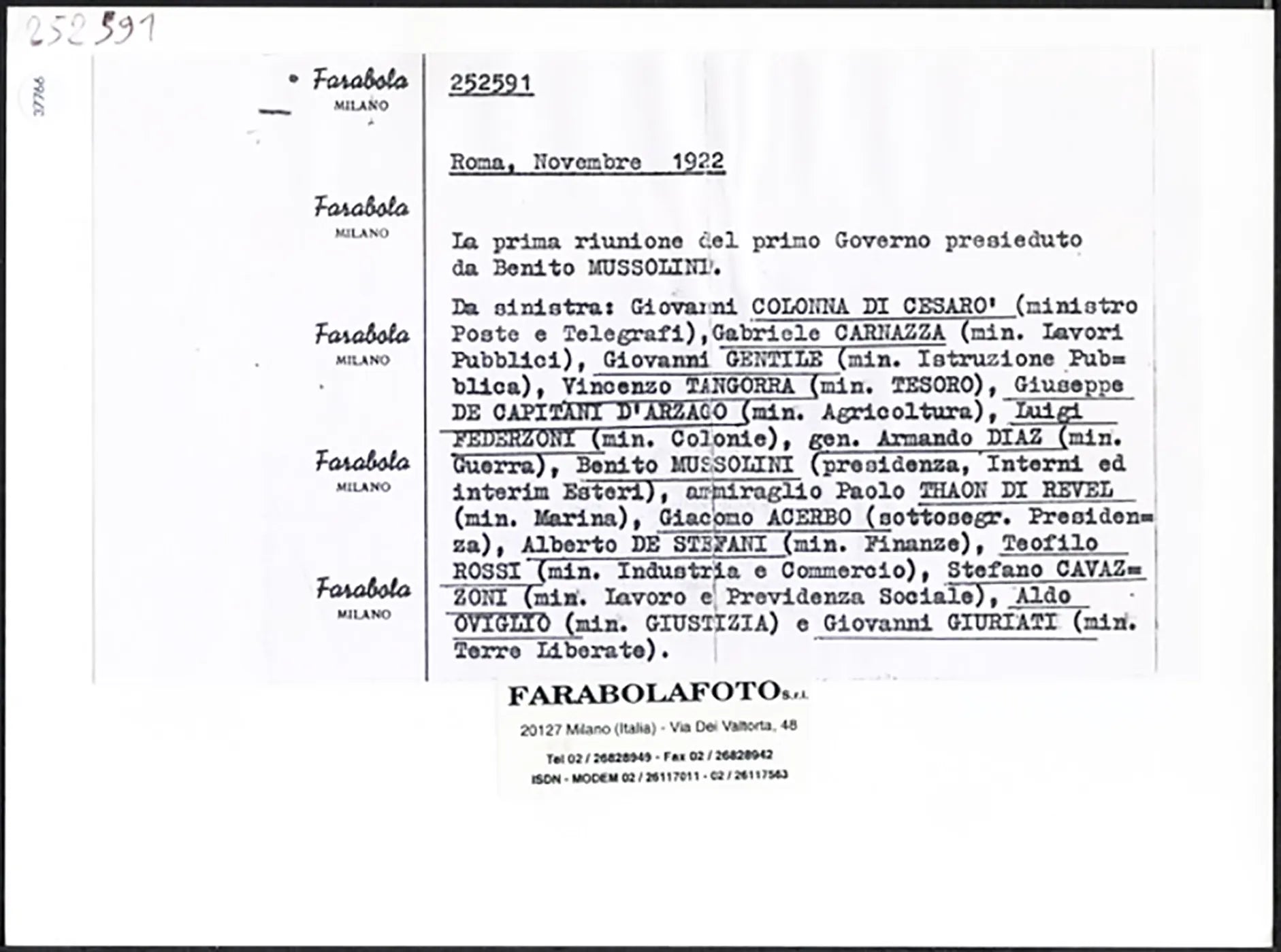 Primo Governo Mussolini 1922 Ft 37766 - Stampa 24x18 cm - Farabola Stampa ai sali d'argento (anni 90)