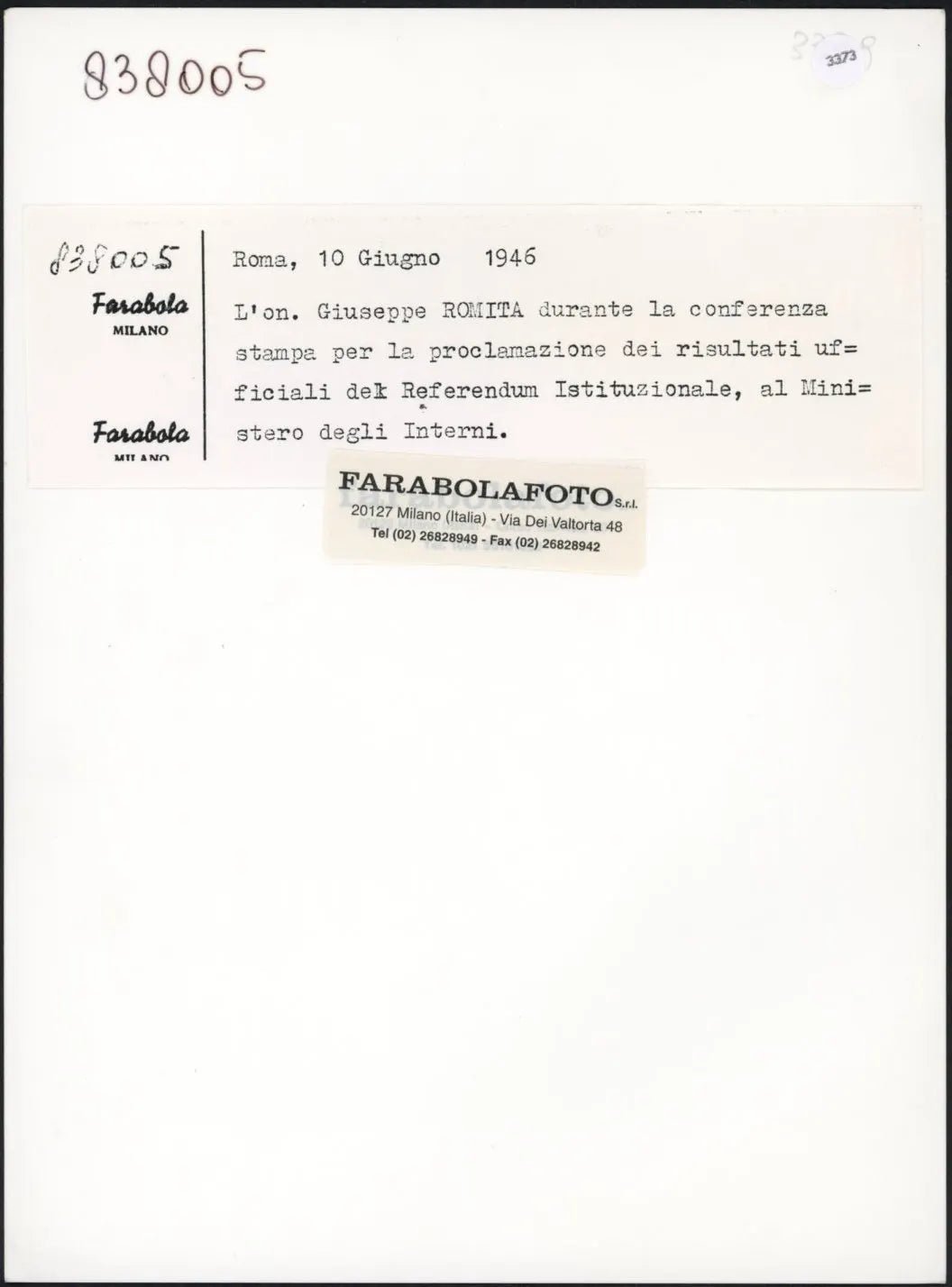 Proclamazione risultati referendum 1946 Ft 3373 - Stampa 24x18 cm - Farabola Stampa ai sali d'argento (anni 90)