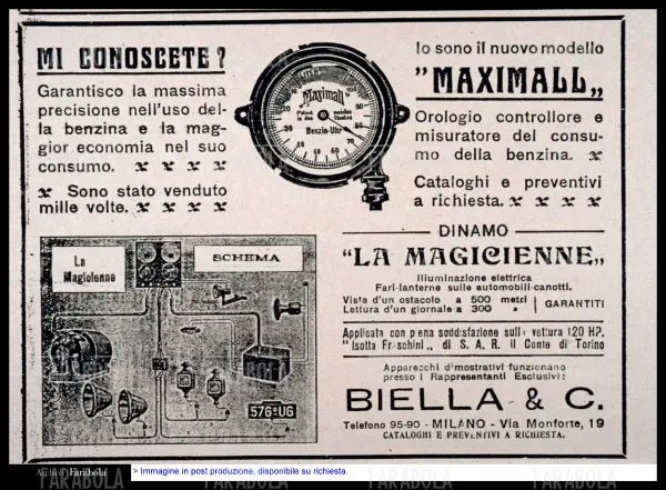 Pubblicità del nuovo modello di orologio Maximall e della dinamo Magicienne, anni 10 - Farabola Immagine digitale