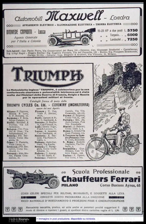 Pubblicità della casa automobilistica Maxwell, della motocicletta Triumph e della scuola per Chaffeurs Ferrari, 1912 - Farabola Immagine digitale
