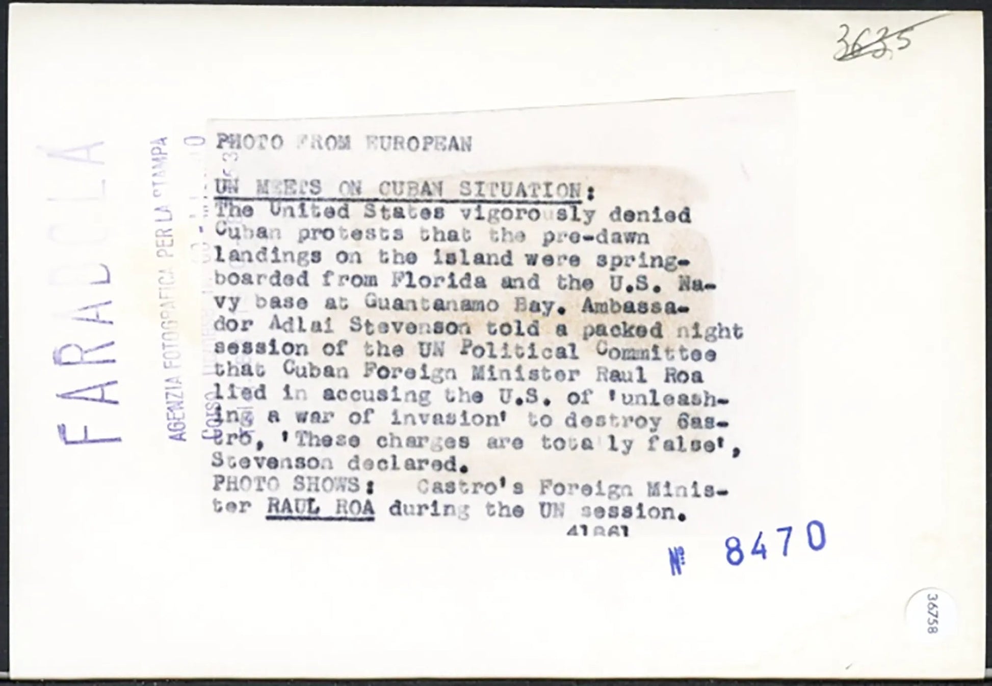 Raoul Roa ministro Esteri Cuba 1961 Ft 36758 - Stampa 13x18 cm - Farabola Stampa ai sali d'argento