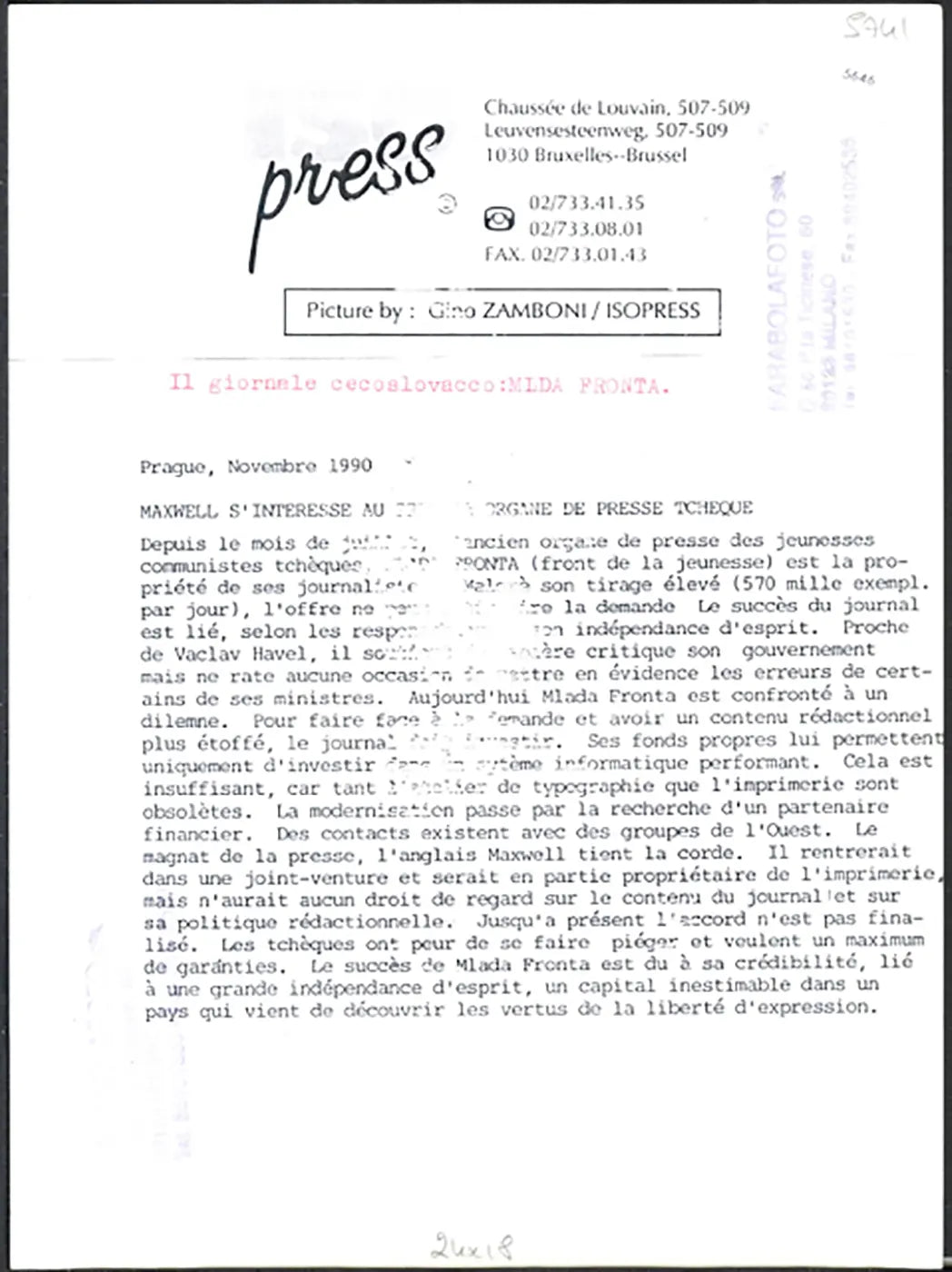 Redazione Mlda Fronta Cecoslovacchia 1990 Ft 5646 - Stampa 24x18 cm - Farabola Stampa ai sali d'argento