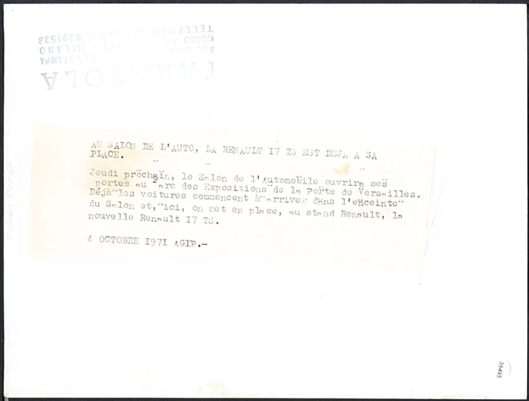 Renault I7 TS Salone Auto Parigi 1971 Ft 36495 - Stampa 24x18 cm - Farabola Stampa ai sali d'argento