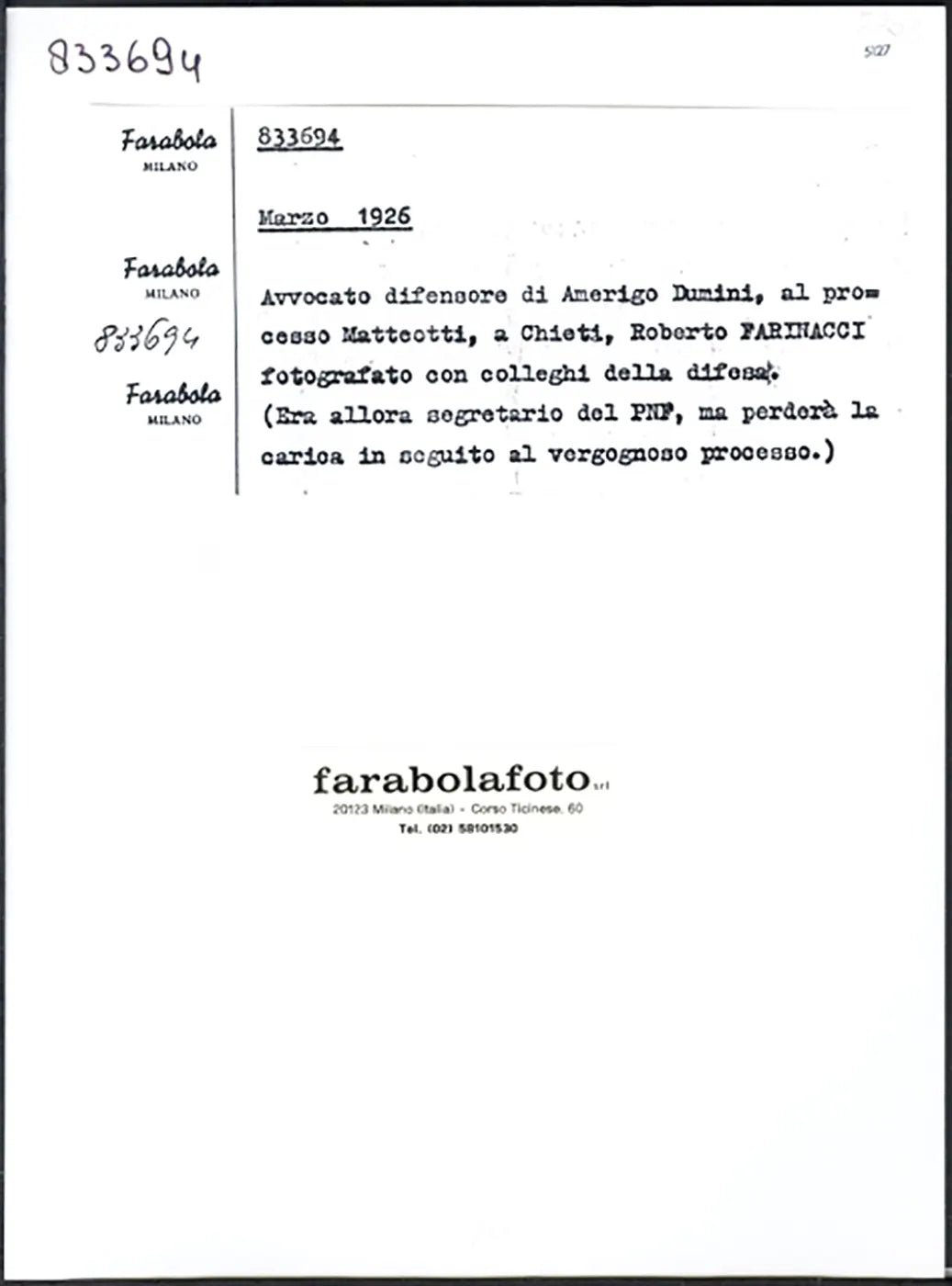 Roberto Farinacci 1926 Ft 5127 - Stampa 24x18 cm - Farabola Stampa ai sali d'argento (anni 90)
