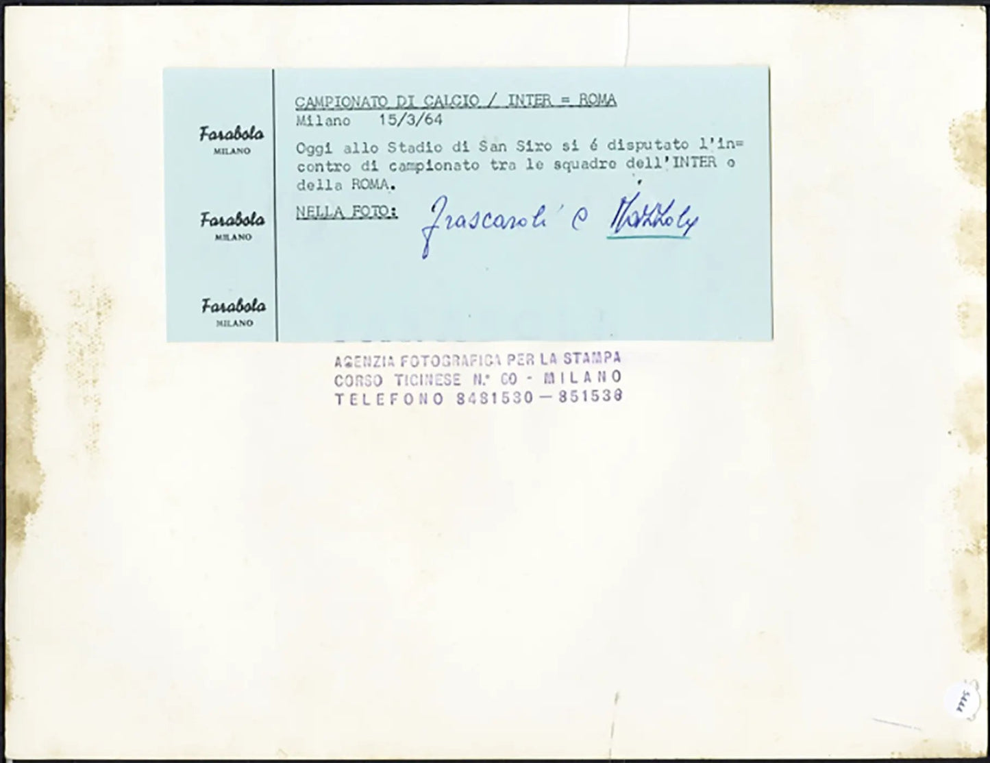 Roma vs Inter Frascaroli Mazzola 1964 Ft 5444 - Stampa 21x27 cm - Farabola Stampa ai sali d'argento