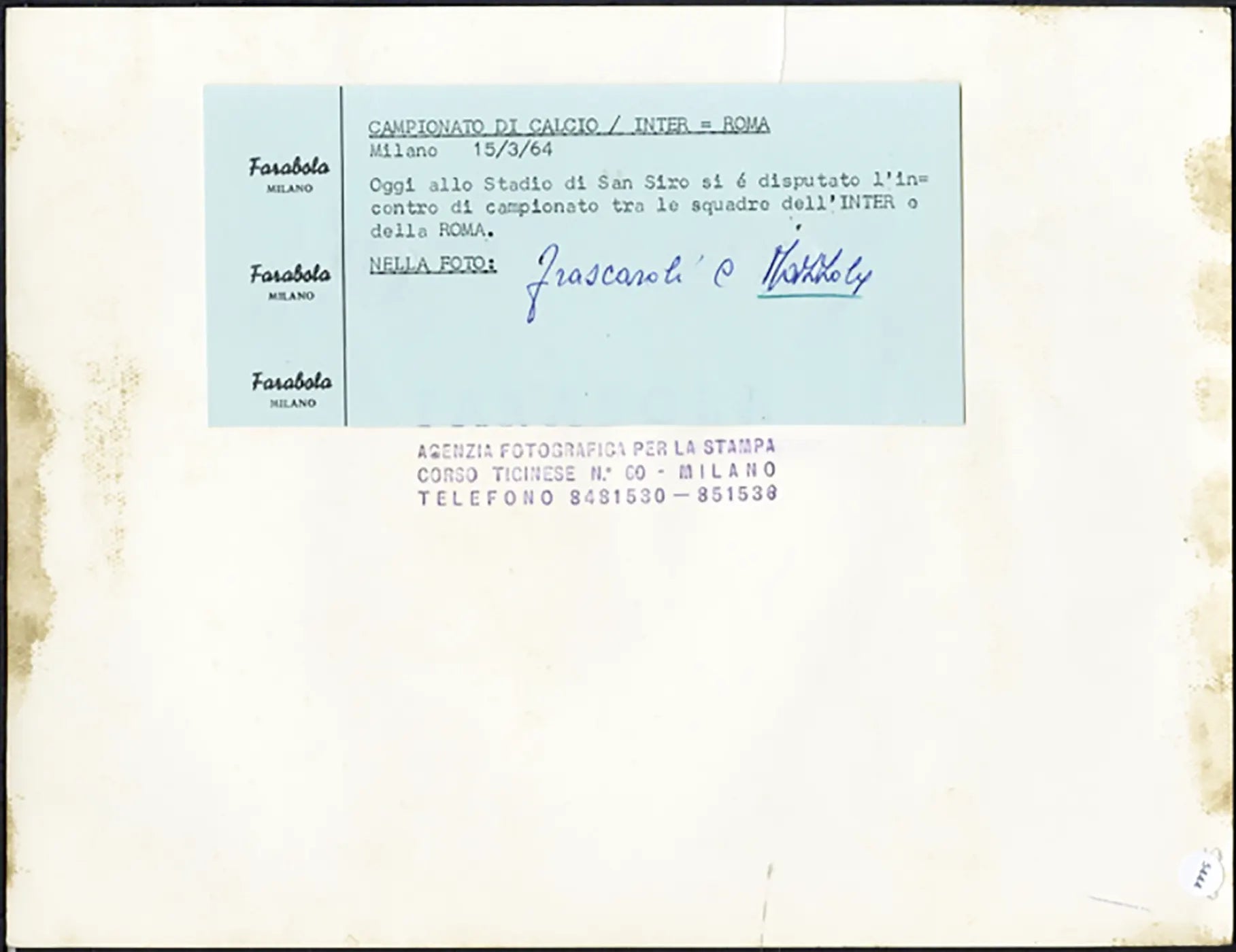Roma vs Inter Frascaroli Mazzola 1964 Ft 5444 - Stampa 21x27 cm - Farabola Stampa ai sali d'argento