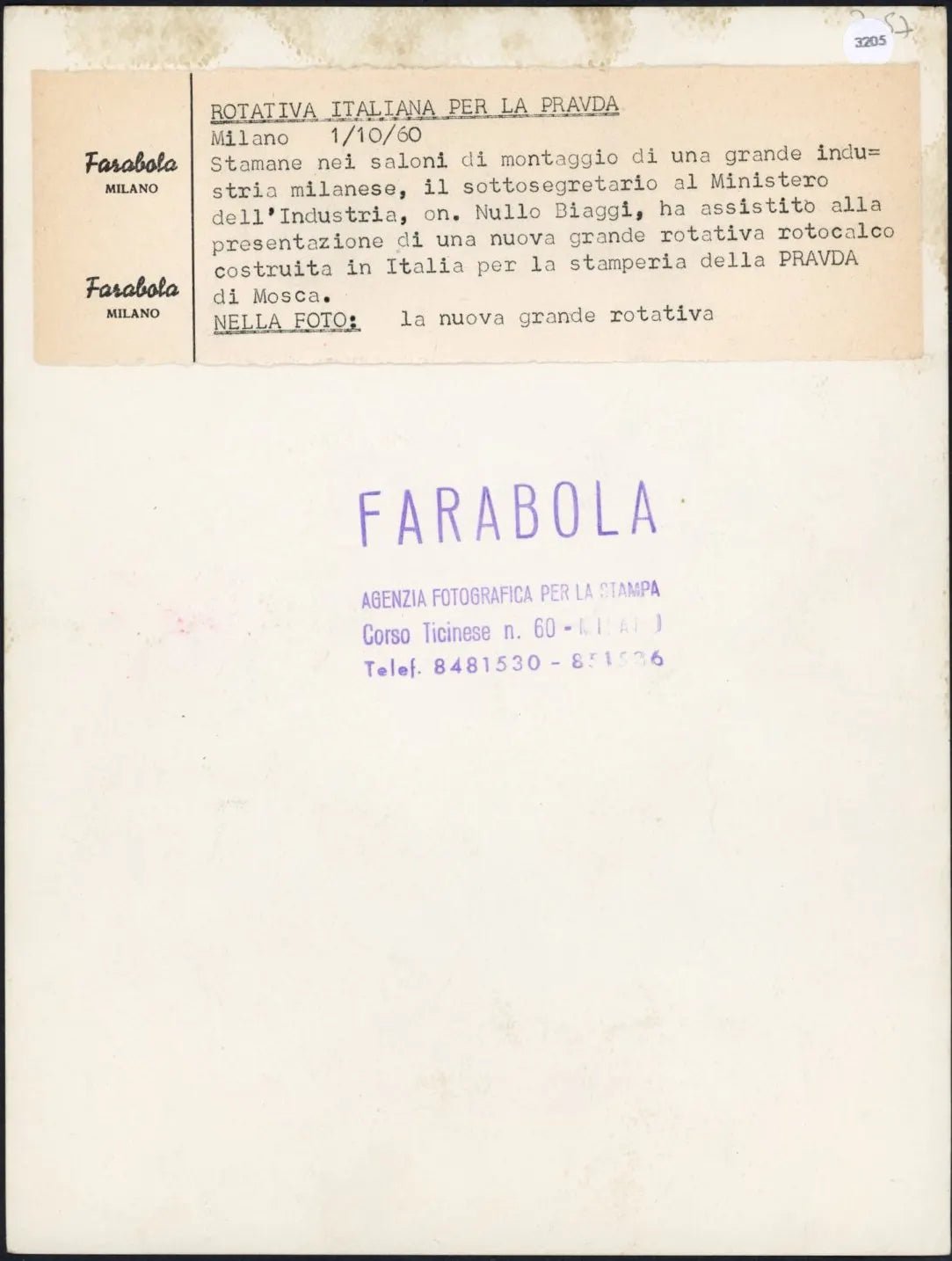 Rotativa della Pravda a Milano 1960 Ft 3205 - Stampa 24x18 cm - Farabola Stampa ai sali d'argento