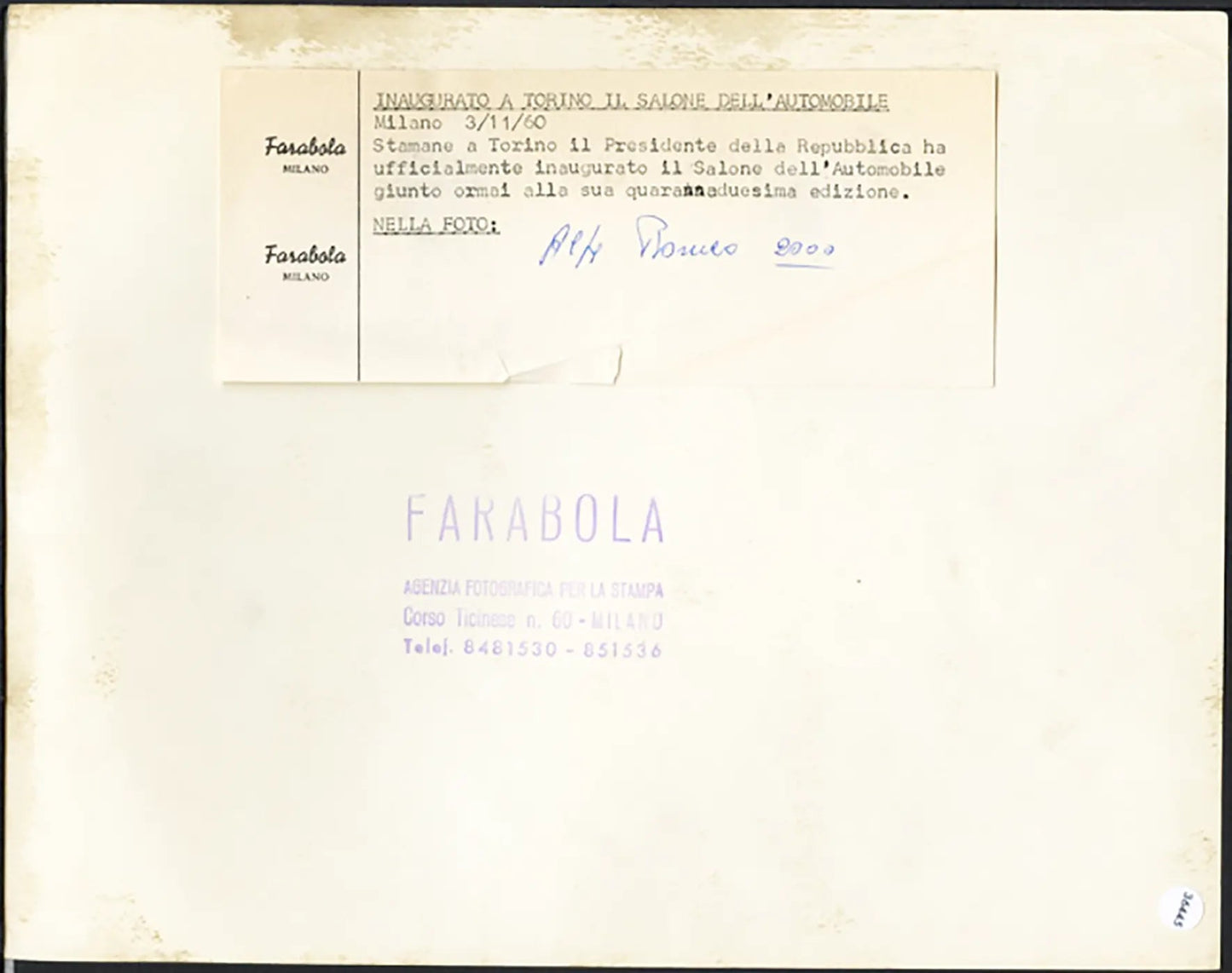 Salone Auto Torino 1960 Alfa Romeo 2000 Ft 36445 - Stampa 21x27 cm - Farabola Stampa ai sali d'argento