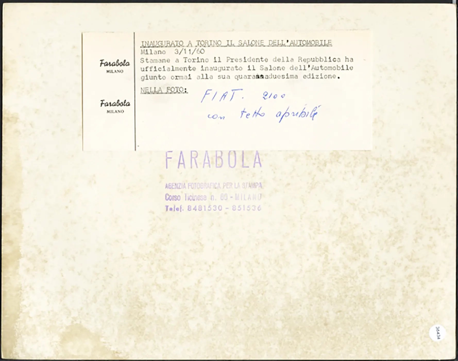 Salone Auto Torino 1960 Fiat 2300 Ft 36434 - Stampa 21x27 cm - Farabola Stampa ai sali d'argento