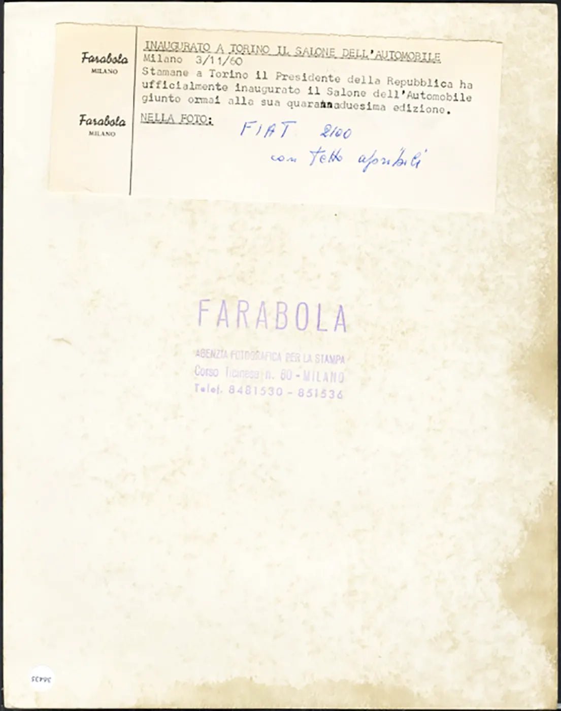 Salone Auto Torino 1960 Fiat 2300 Ft 36435 - Stampa 21x27 cm - Farabola Stampa ai sali d'argento