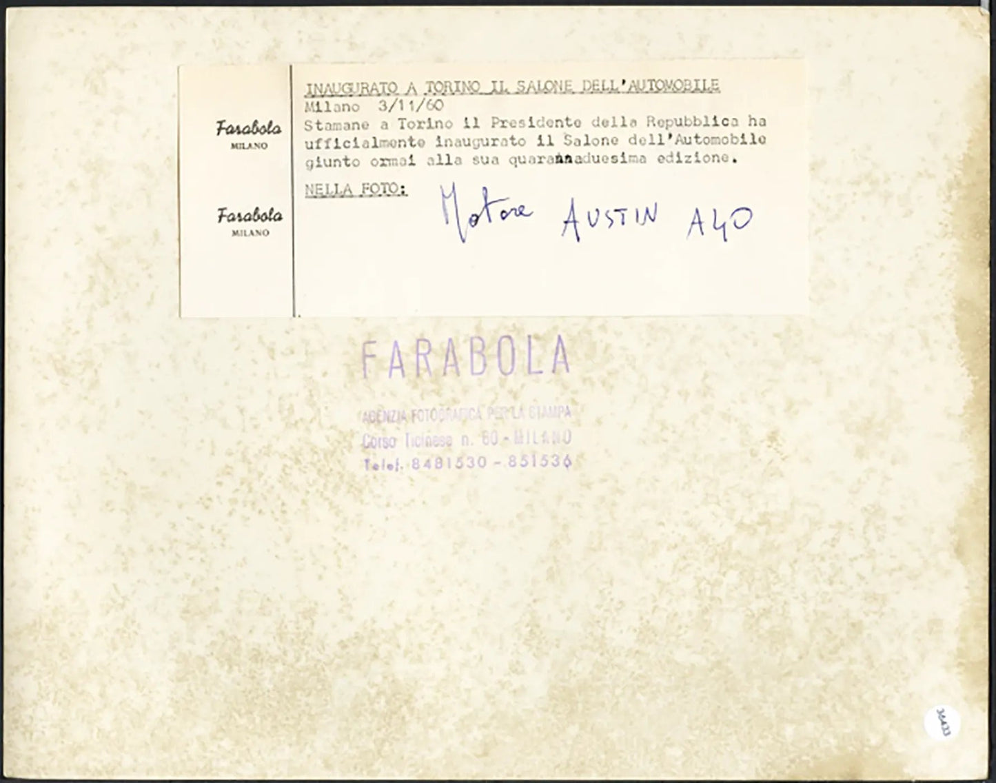 Salone Auto Torino 1960 Motore Austin A40 Ft 36433 - Stampa 21x27 cm - Farabola Stampa ai sali d'argento