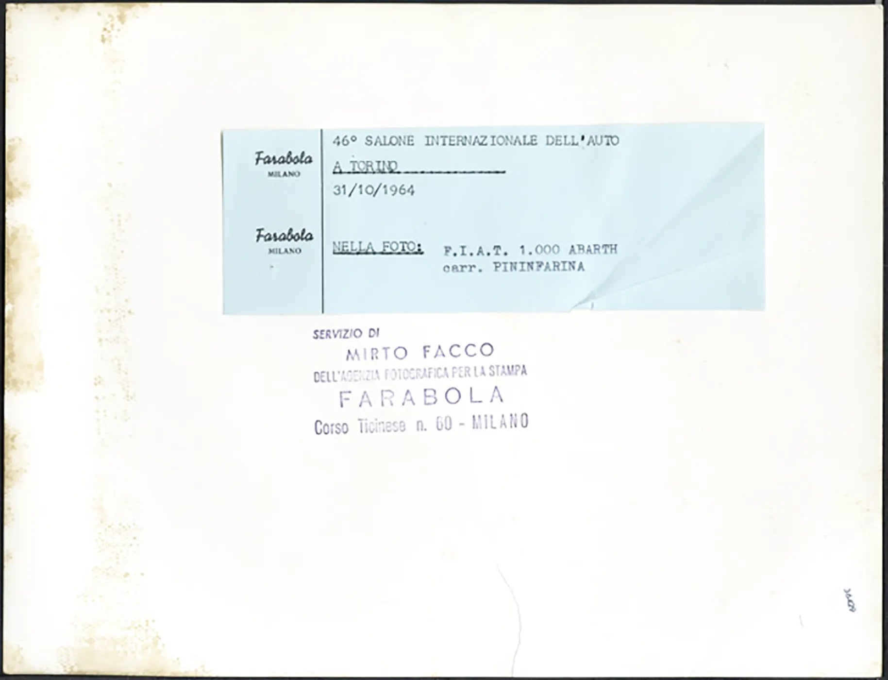 Salone Auto Torino 1964 Fiat 1000 Abarth Ft 36429 - Stampa 21x27 cm - Farabola Stampa ai sali d'argento