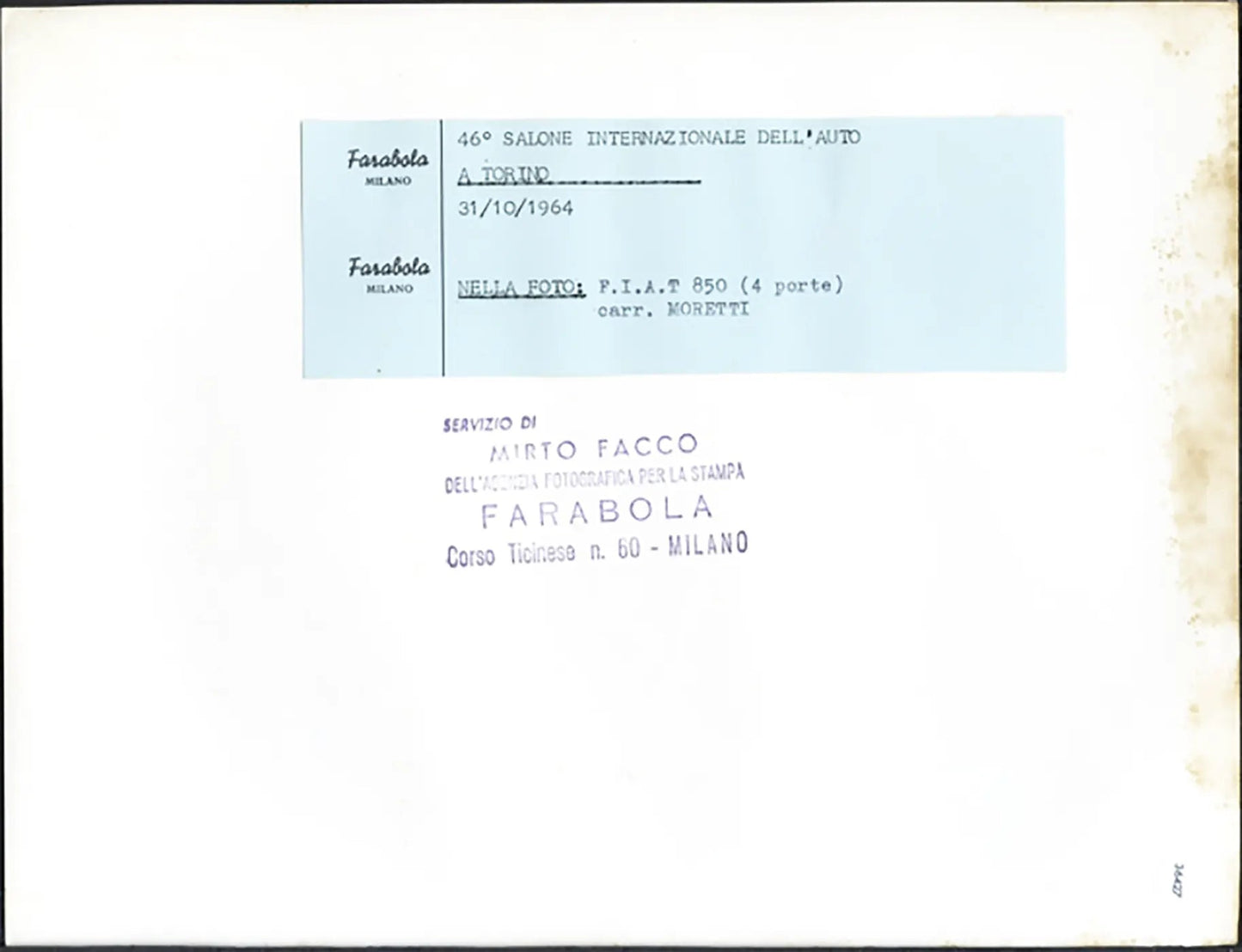Salone Auto Torino 1964 Fiat 850 4 porte Ft 36427 - Stampa 21x27 cm - Farabola Stampa ai sali d'argento
