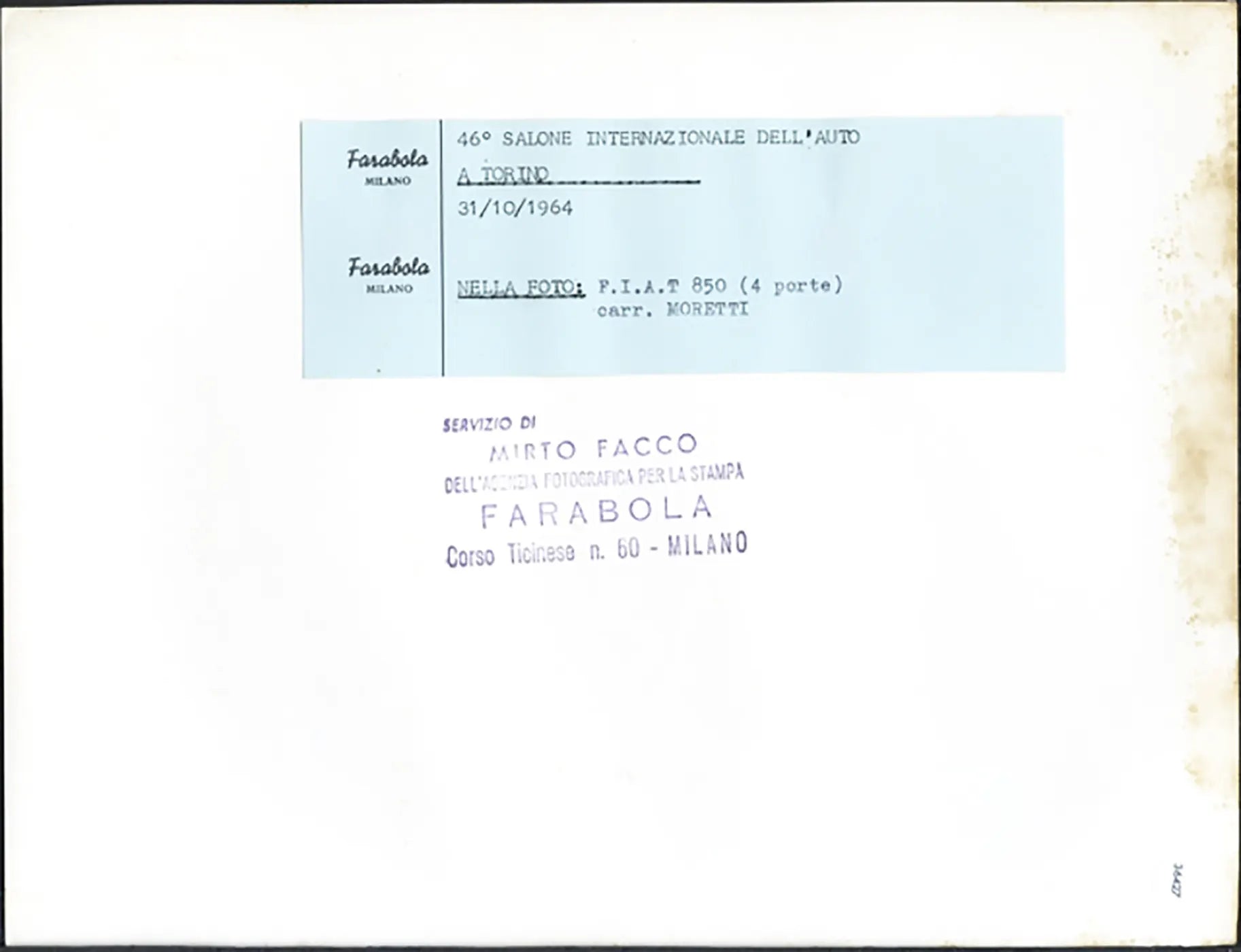 Salone Auto Torino 1964 Fiat 850 4 porte Ft 36427 - Stampa 21x27 cm - Farabola Stampa ai sali d'argento