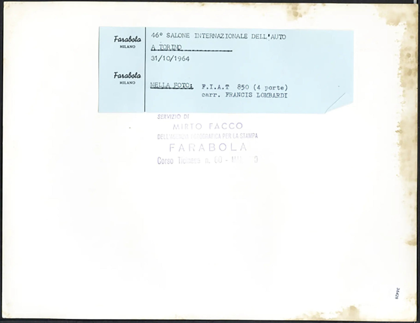 Salone Auto Torino 1964 Fiat 850 4 porte Ft 36428 - Stampa 21x27 cm - Farabola Stampa ai sali d'argento