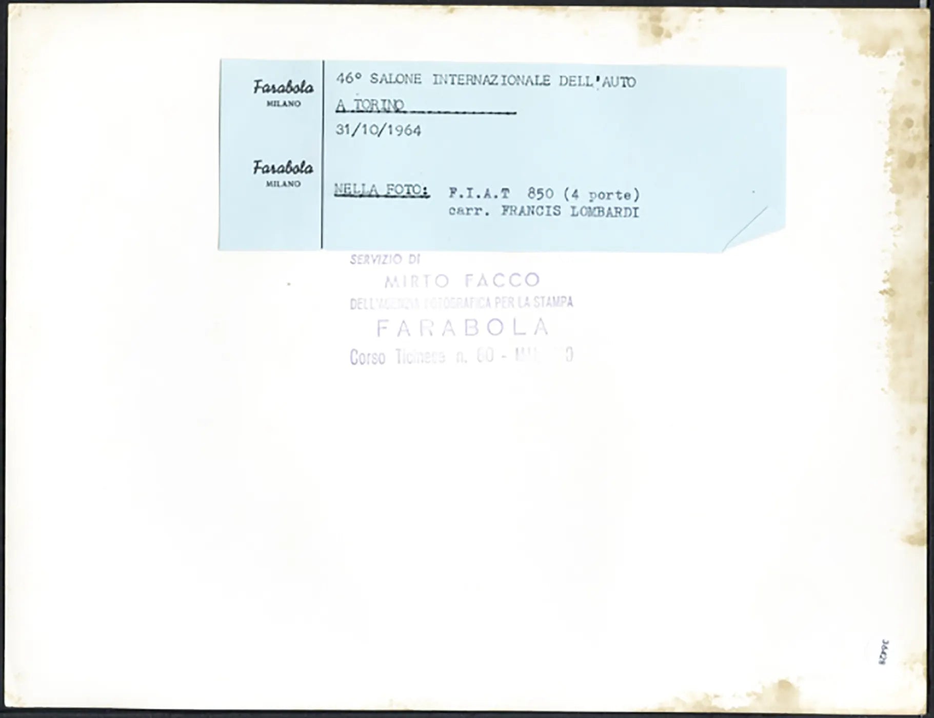 Salone Auto Torino 1964 Fiat 850 4 porte Ft 36428 - Stampa 21x27 cm - Farabola Stampa ai sali d'argento