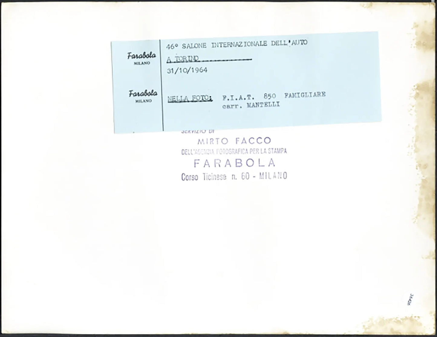 Salone Auto Torino 1964 Fiat 850 Ft 36426 - Stampa 21x27 cm - Farabola Stampa ai sali d'argento