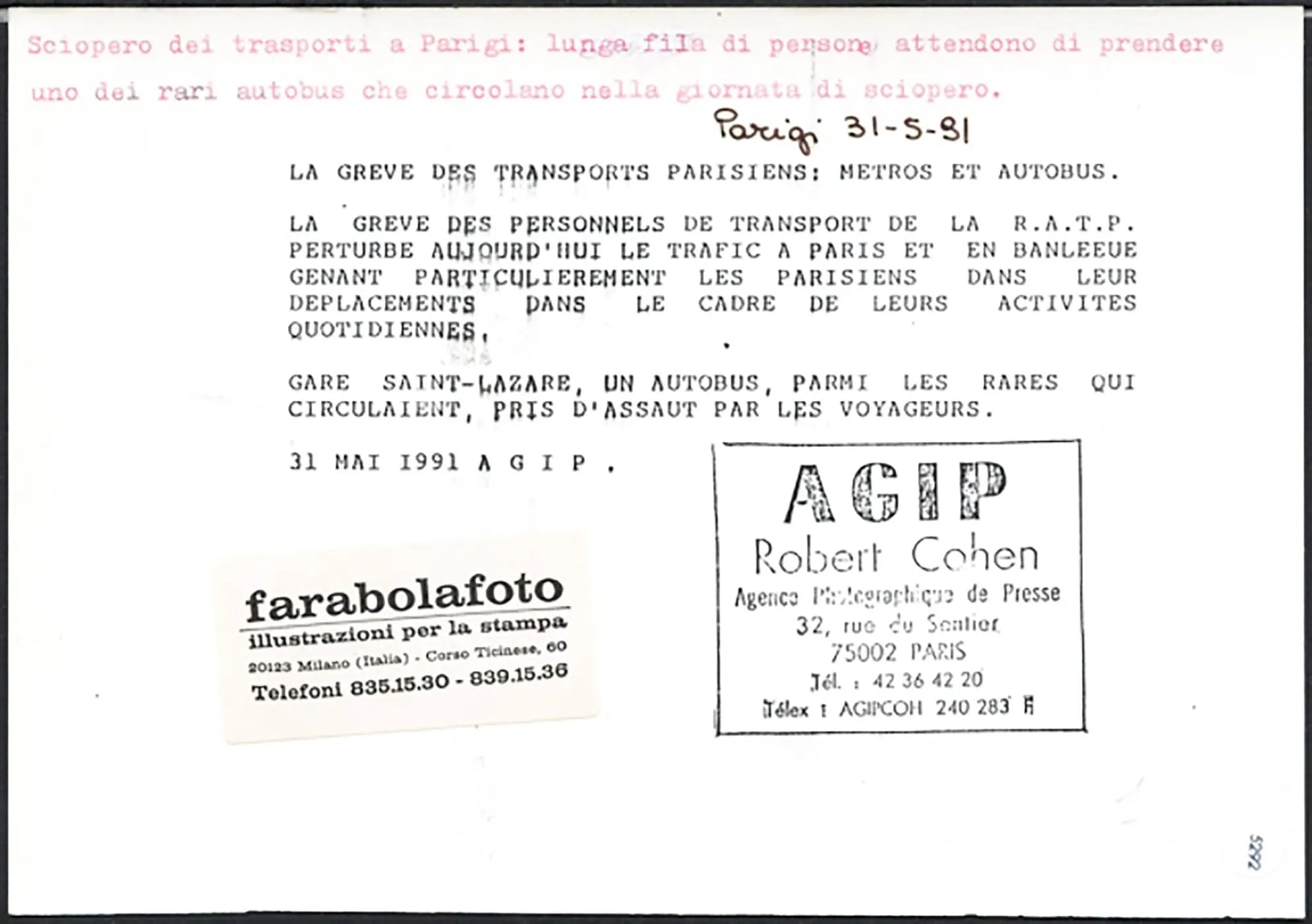 Sciopero dei trasporti a Parigi 1991 Ft 5292 - Stampa 21x15 cm - Farabola Stampa ai sali d'argento