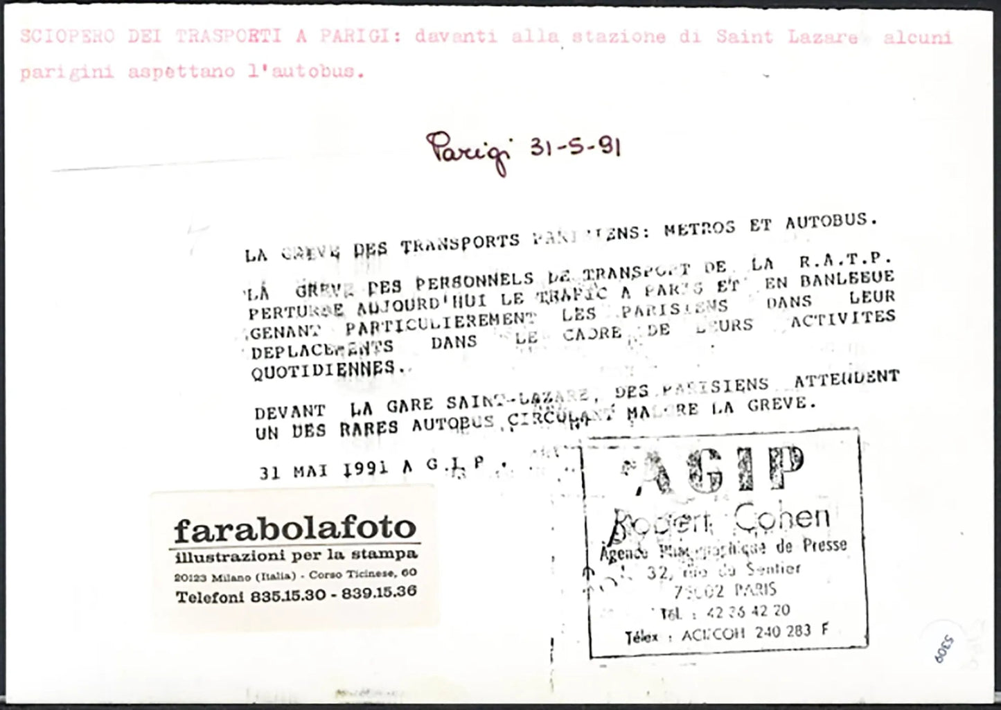 Sciopero dei trasporti a Parigi 1991 Ft 5309 - Stampa 21x15 cm - Farabola Stampa ai sali d'argento